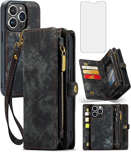 Funda compatible con iPhone 15 Pro Max de 6.7 pulgadas con cremallera, protector de pantalla de vidrio templado, tarjetero con tapa, funda para