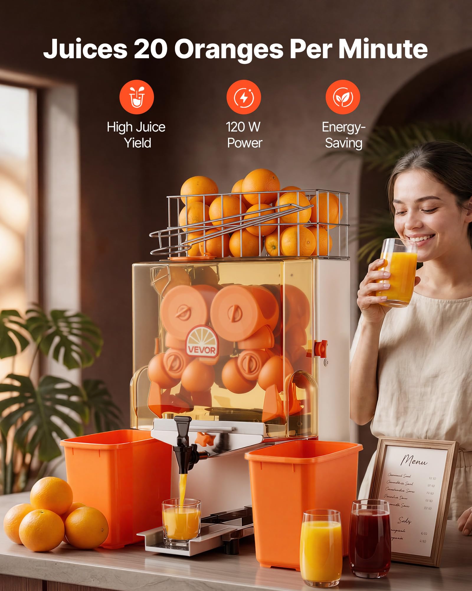 VEVOR Exprimidora de Naranjas Comercial 120 W de Acero Inoxidable y PC, Con 2 Recipientes Recolectores, Con Grifo, Capacidad para Hasta 20 Naranjas por Minuto, Para Limones y Cítricos 55-80 mm