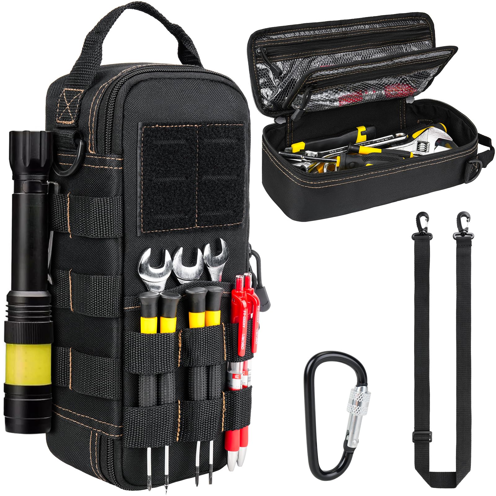Petits Sacs à Outils Robustes pour Hommes avec Mousqueton,Pochette à Outils Tactique,étui de Rangement Portable Utilitaires avec Bandoulière pour EDC,Camping,Voyage en Voiture,électriciens