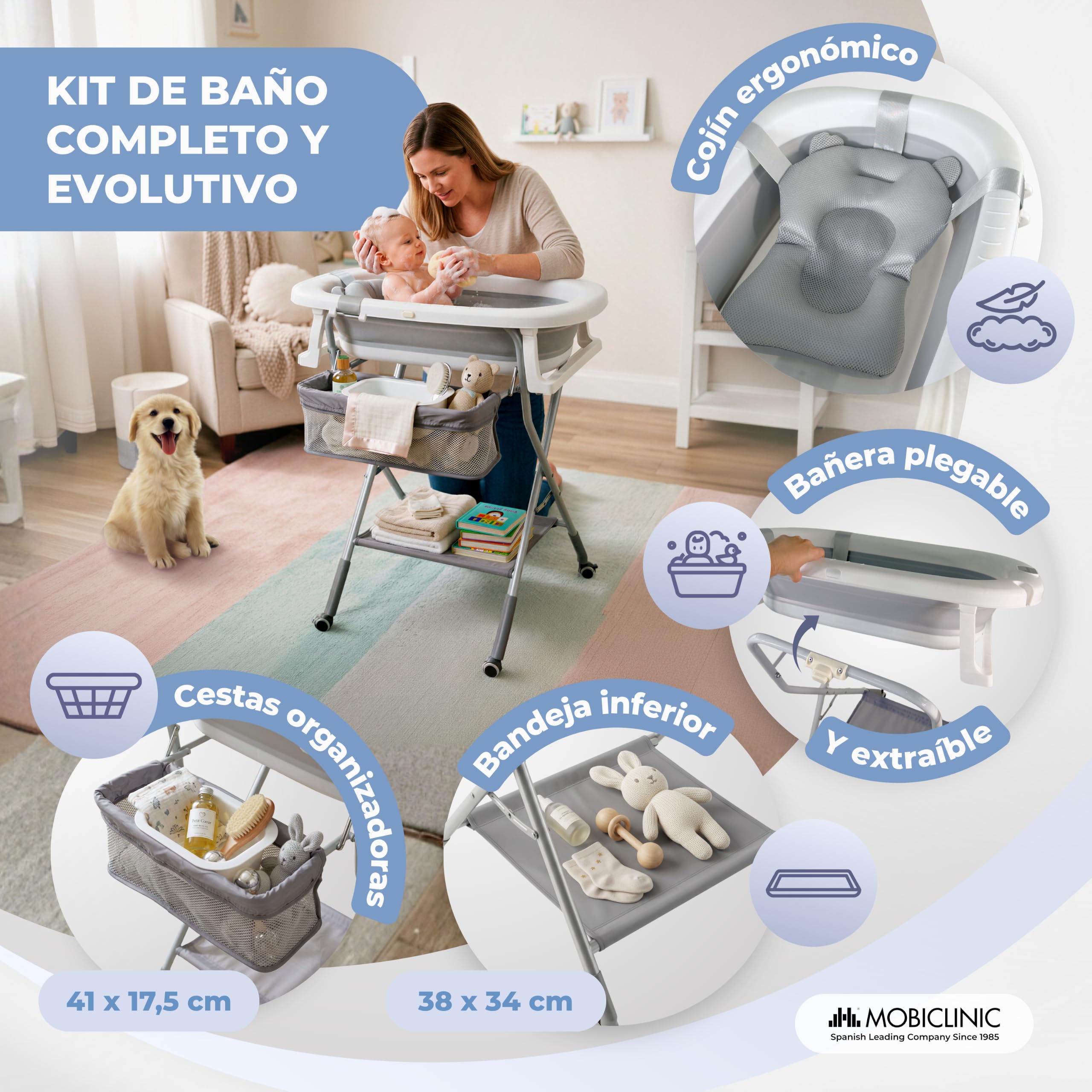 Mobiclinic®, Bañera Plegable Bebé, con Patas y Soporte, Regulable en Altura, Ruedas 360º con Freno, Cojín Ergonómico, Tubo Desagüe, Cesta y Bandeja, Compacta, Bubba Max