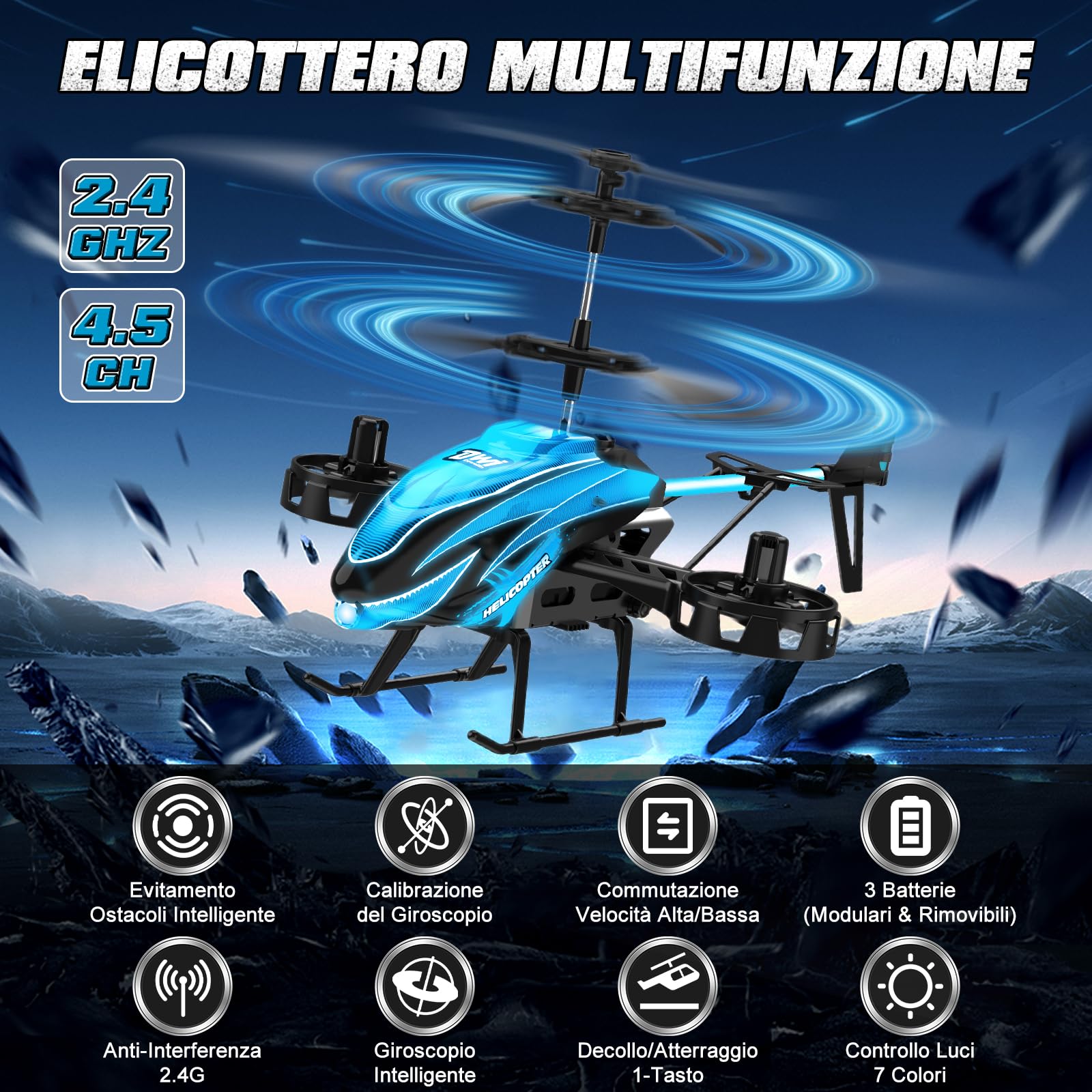 Charmofun Elicottero RC, Elicottero Telecomandato 2.4G con 7 Luce e 3 Batterie, 33 Minuti Volo, 4.5 Canali elicotteri Radiocomandat con Giroscopio, Aerei RC per Ragazzi Ragazze da 6+ Anni (Blu)