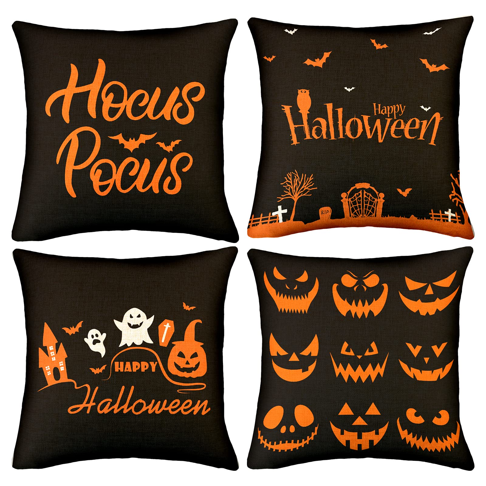 Spooky Halloween Pillow Covers Orange and Black Pillow Cover Happy Halloween Bat Ghost Sofa Bed Throw Cushion Cover Decoration 18" x 18" (4Pcs)