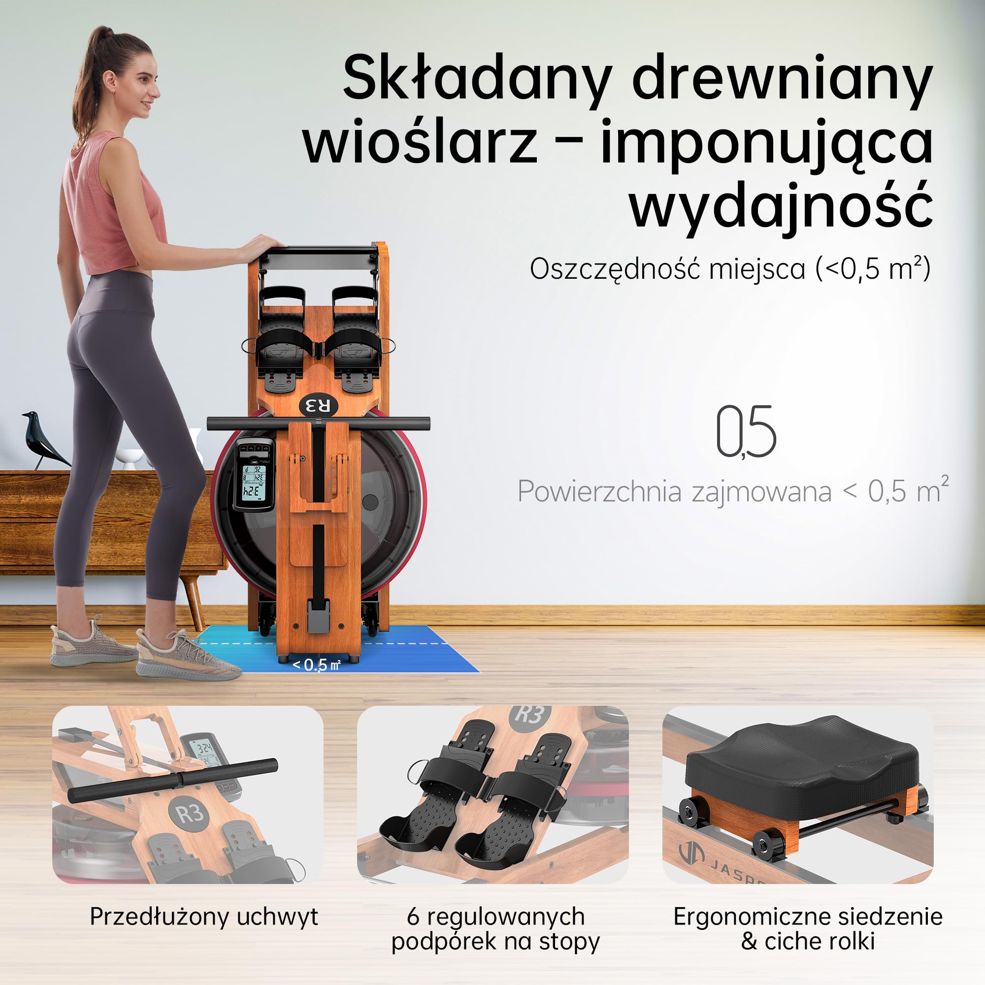 R3 składany wioślarz z drewna dębowego, LCD Bluetooth, kompatybilny z Kinomap, zbiornik 28 l, maks. obciążenie 150 kg, ergonomiczne siedzisko, regulowany uchwyt na tablet.
