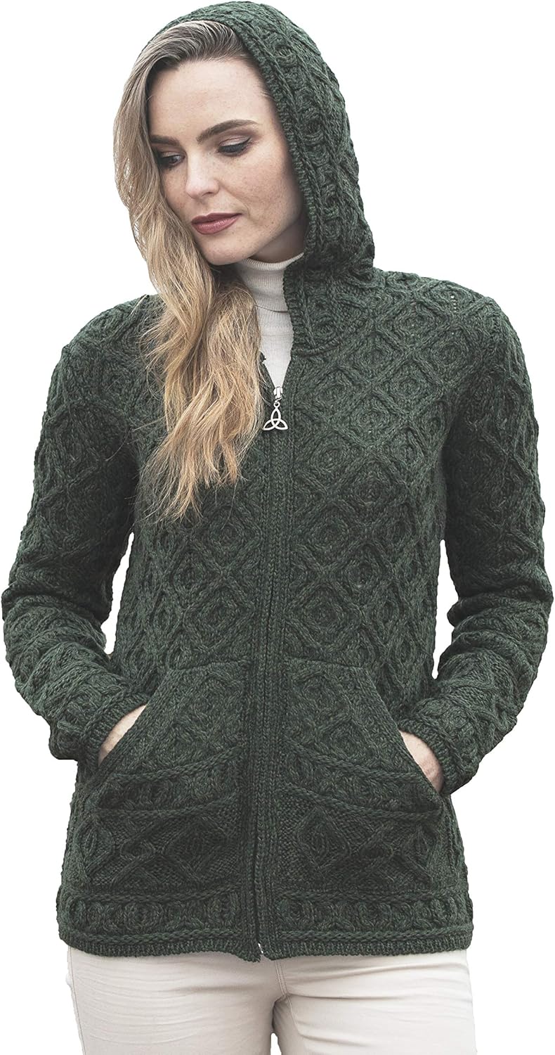 Aran Crafts Women's Soft Cable Knit Honeycomb Hood Cardigan (100% Merino Wool)