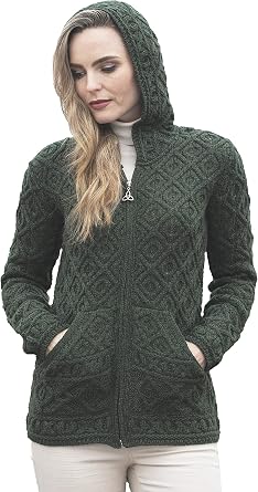 Aran Crafts Womens Soft Cable Knit Honeycomb Hood Cardigan 100% Merino Wool