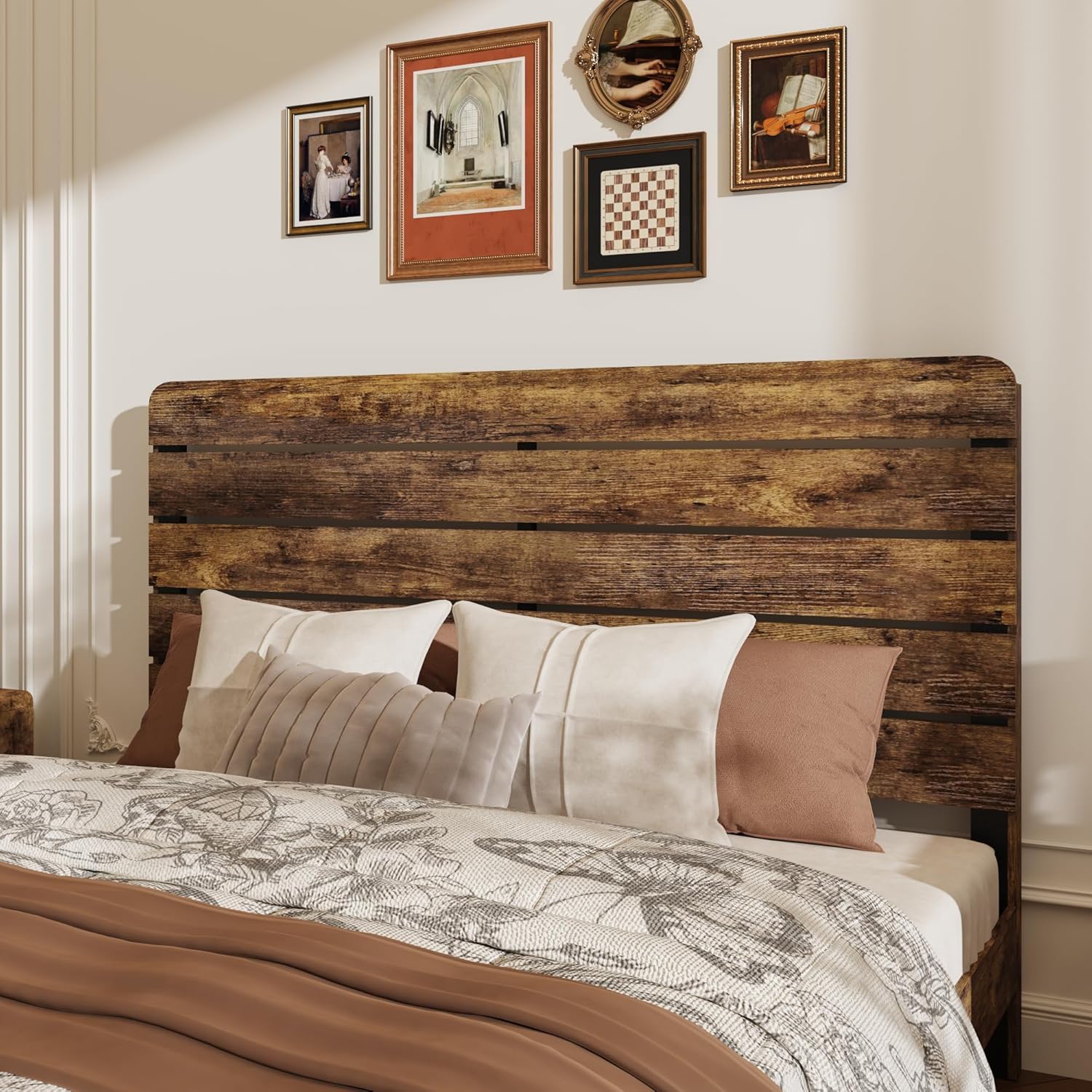 King Size Wooden Bed Frame with Headboard, Rustic Farmhouse Platform Bedframe with Wood Slat Support, Sturdy and No Noise, Easy Assembly (Brown, King)