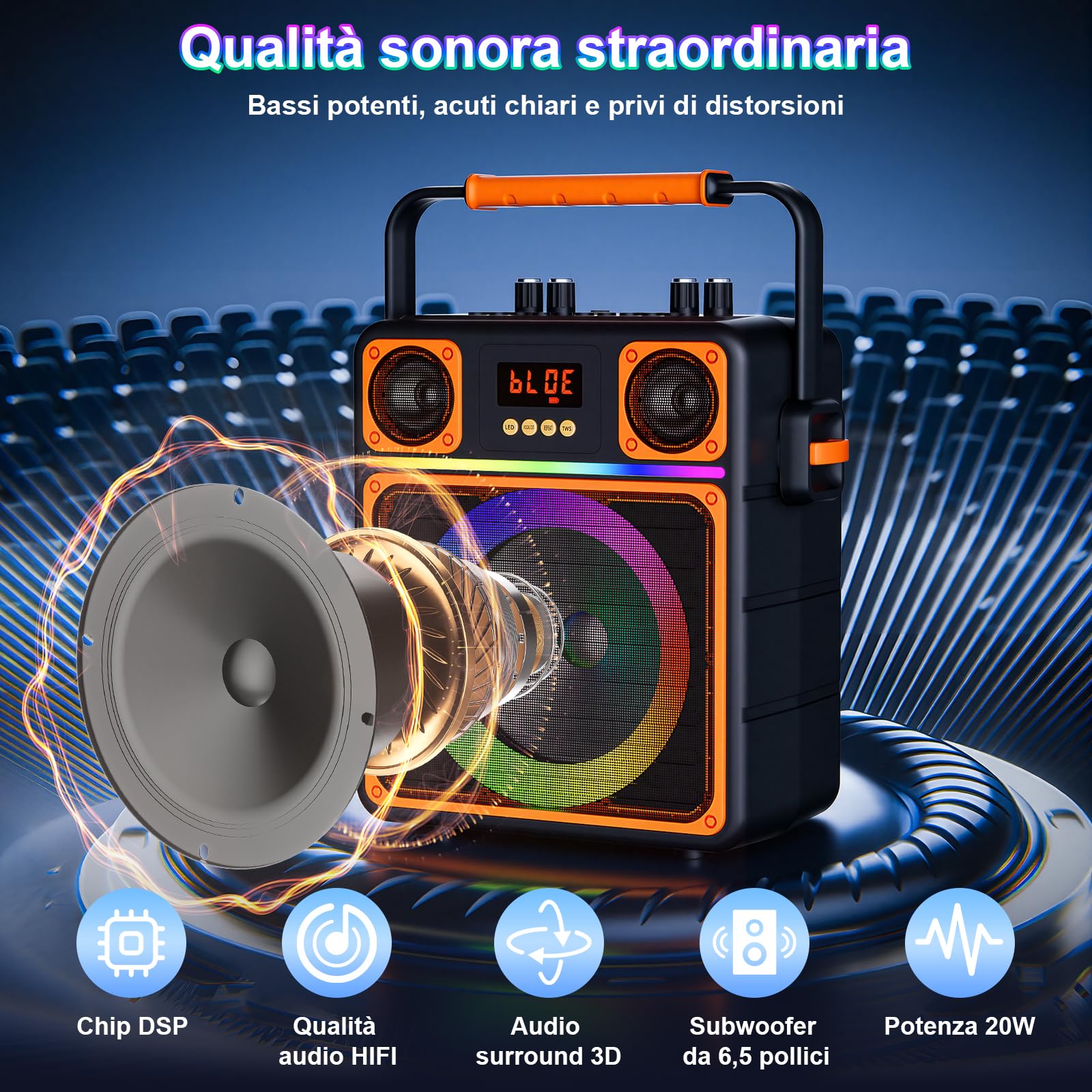 GuKKK - Altoparlante Karaoke con 2 microfoni senza fili, portatile, per adulti e bambini, sistema audio per feste con luci Disco,supporta TWS/FM/AUX/USB/TF