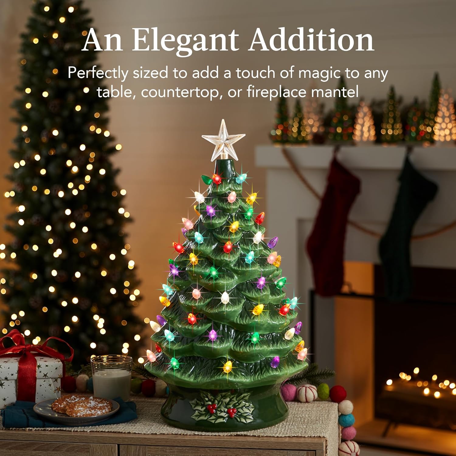 Best Choice Product 24in Extra Large Ceramic Christmas Tree, Pre-Lit Hand-Painted Tabletop XL Indoor Holiday Tree, 74 Multicolor Bulbs, LED Lights - Green