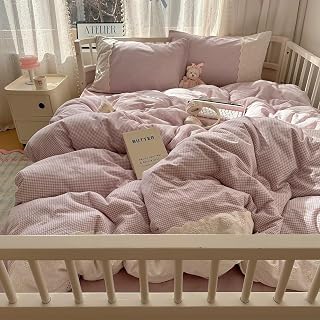 mixinni Purple White Gingham Duvet Cover Full Size - 3 Piece Cottagecore Plaid Bedding Set with Lace Trim, Soft Washed Microfiber Vintage Aesthetic Grid Comforter Cover & Pillow Shams