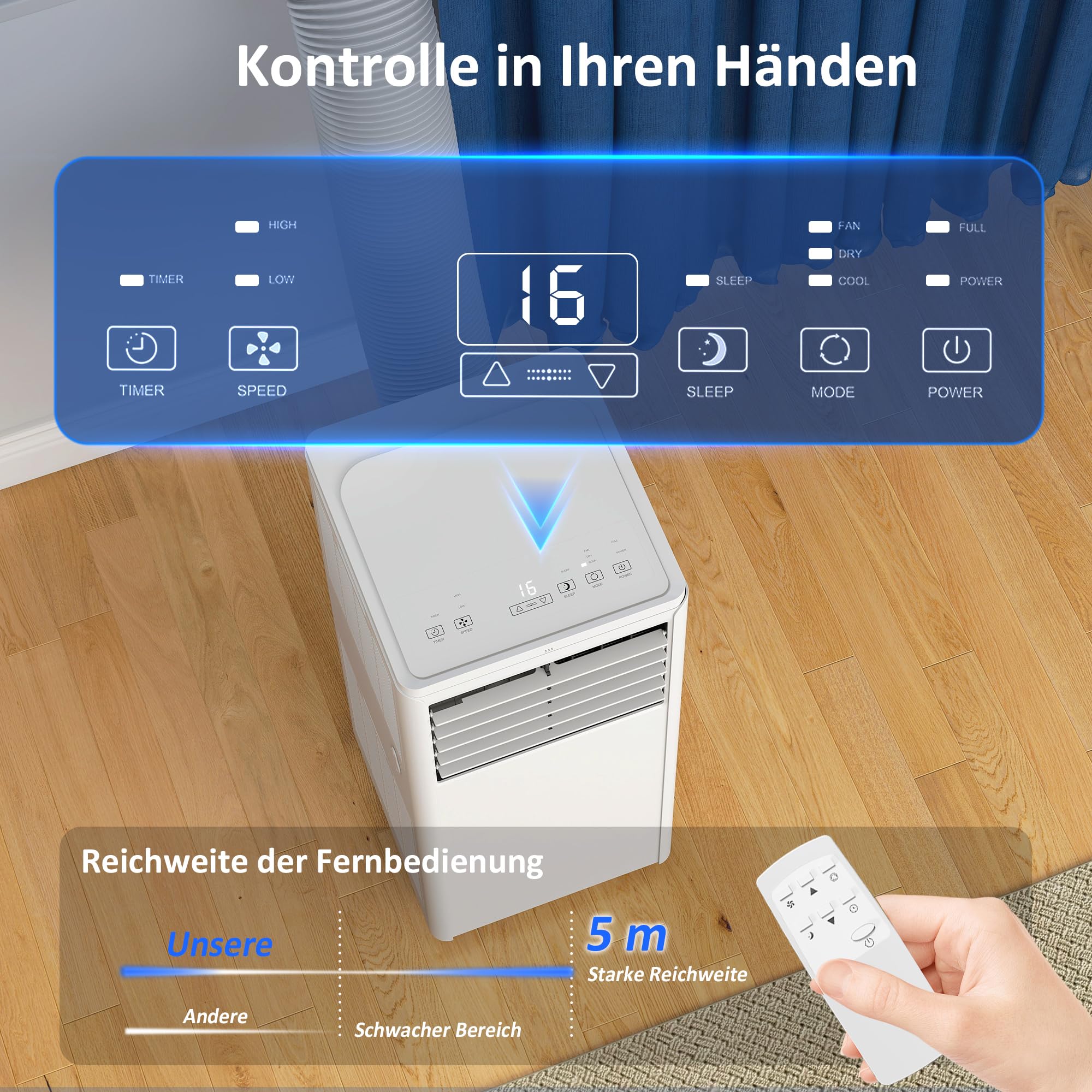 HOMCOM Przenośny klimatyzator z wężem wylotowym 9000 BTU 1010 W, mobilny klimatyzator 4 w 1, chłodzenie, wentylacja, osuszanie 42 l/dzień, tryb snu, timer 24 h, pilot zdalnego sterowania, zestaw