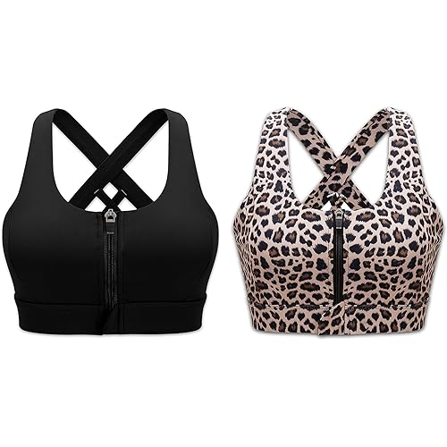 Cordaw Zipper in Front Sports Bra High Impact Strappy Back Support Workout Top