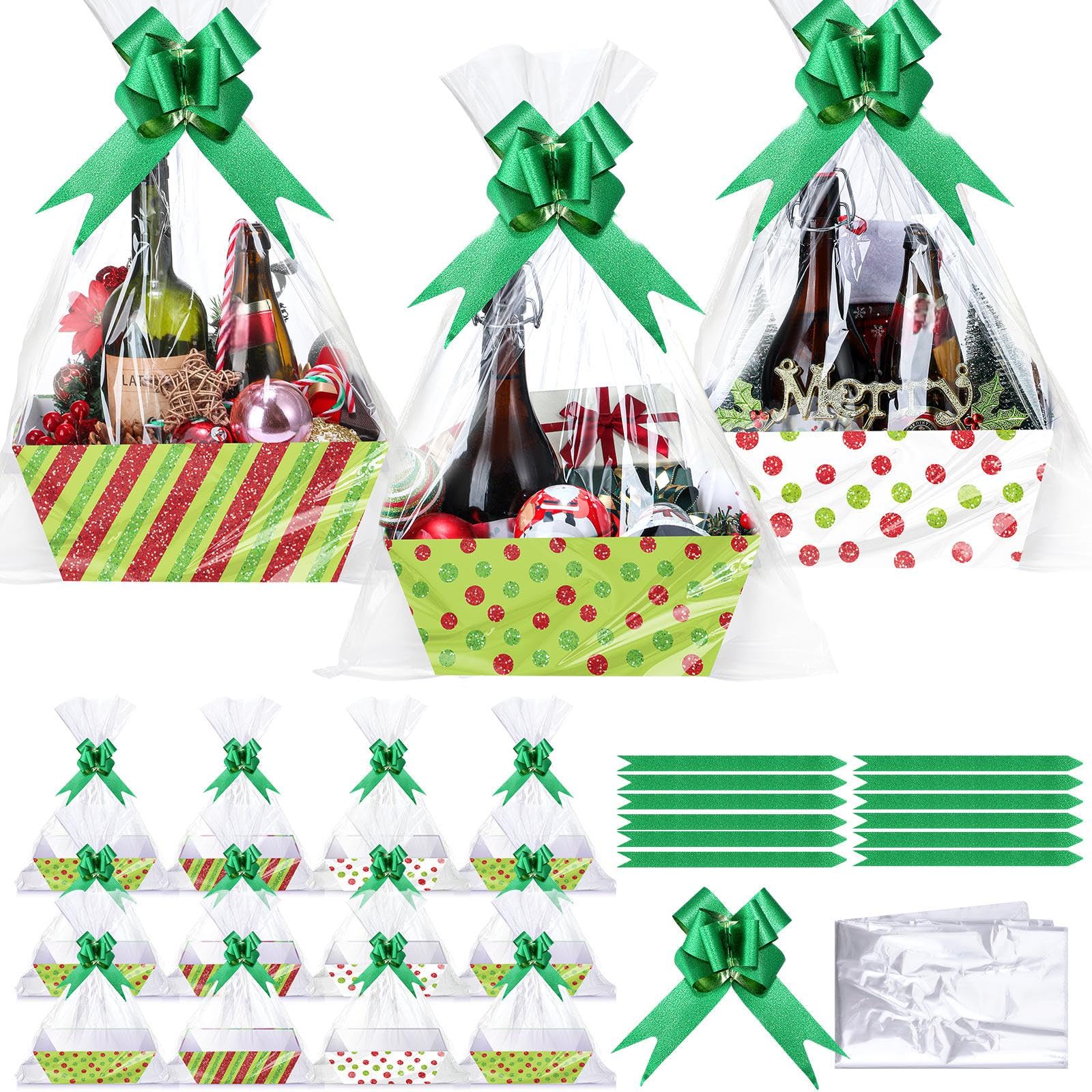 Yeaqee 36 cestas vacías de regalo de Navidad de 8 x 10 pulgadas, 12 unidades, color rojo y verde, con lazos verdes, a granel, caja de regalo de Navidad para Navidad, vacaciones, bodas, aniversarios,