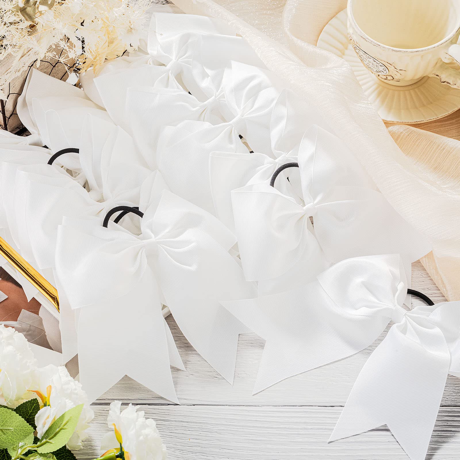 Yunlly 50-Piece 8-Inch White Cheer Hair Bows with Elastic Ponytail Holders