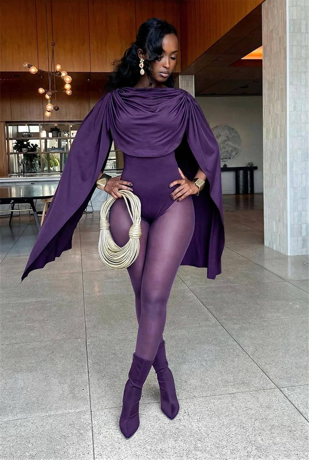 Women's Sexy 2 Piece Outfits Ruched Crowl Neck Cape Sleeve Thong Bodysuit Top Sheer Stockings Club Jumpsuits