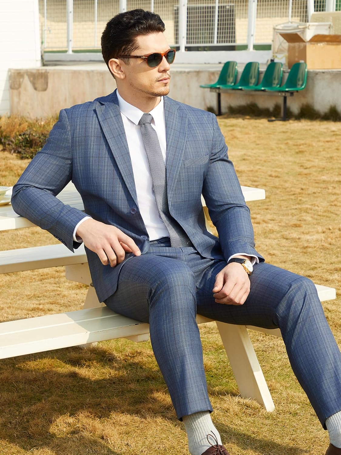 WEEN CHARM Men's 2 Piece Slim Fit Plaid Suit Business Casual Blazer Pants Set for Formal Wedding Prom Office Party - Image 2