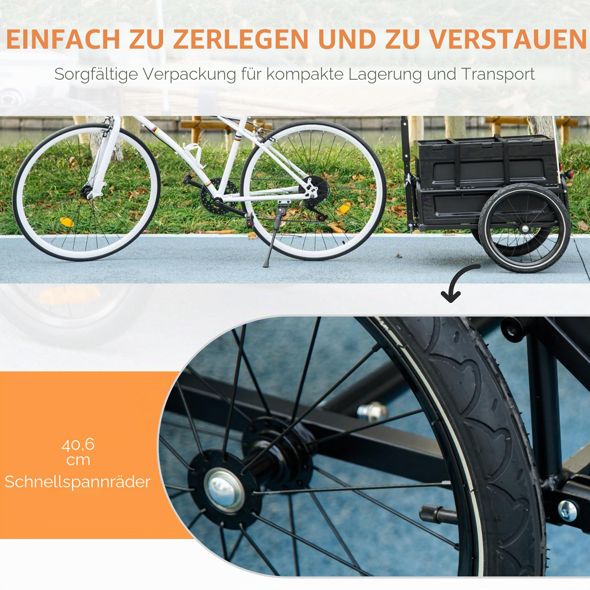 HOMCOM Fahrradanhänger mit Aufbewahrungsbox, abnehmbar und faltbar, 65 l, Reifen und Sicherheitsreflektoren, maximale Belastung 40 kg