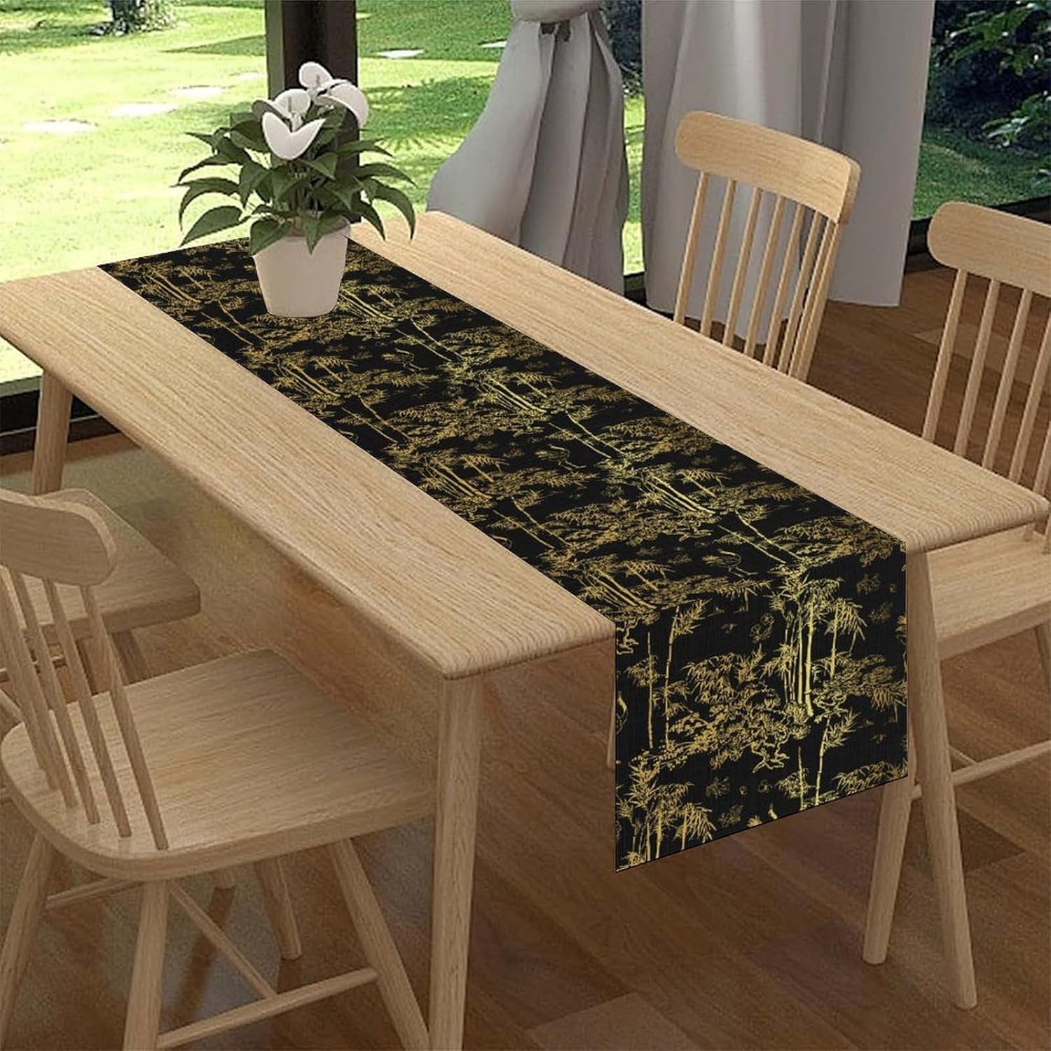 Japanese Table Runner, Black Golden Tree Bamboo Crane Birds Floral Asian Eastern Style Chinoiserie Coffee Table Center Decor for Home Kitchen Dining Outdoor Farmhouse Table Decorations, 13" X 108"