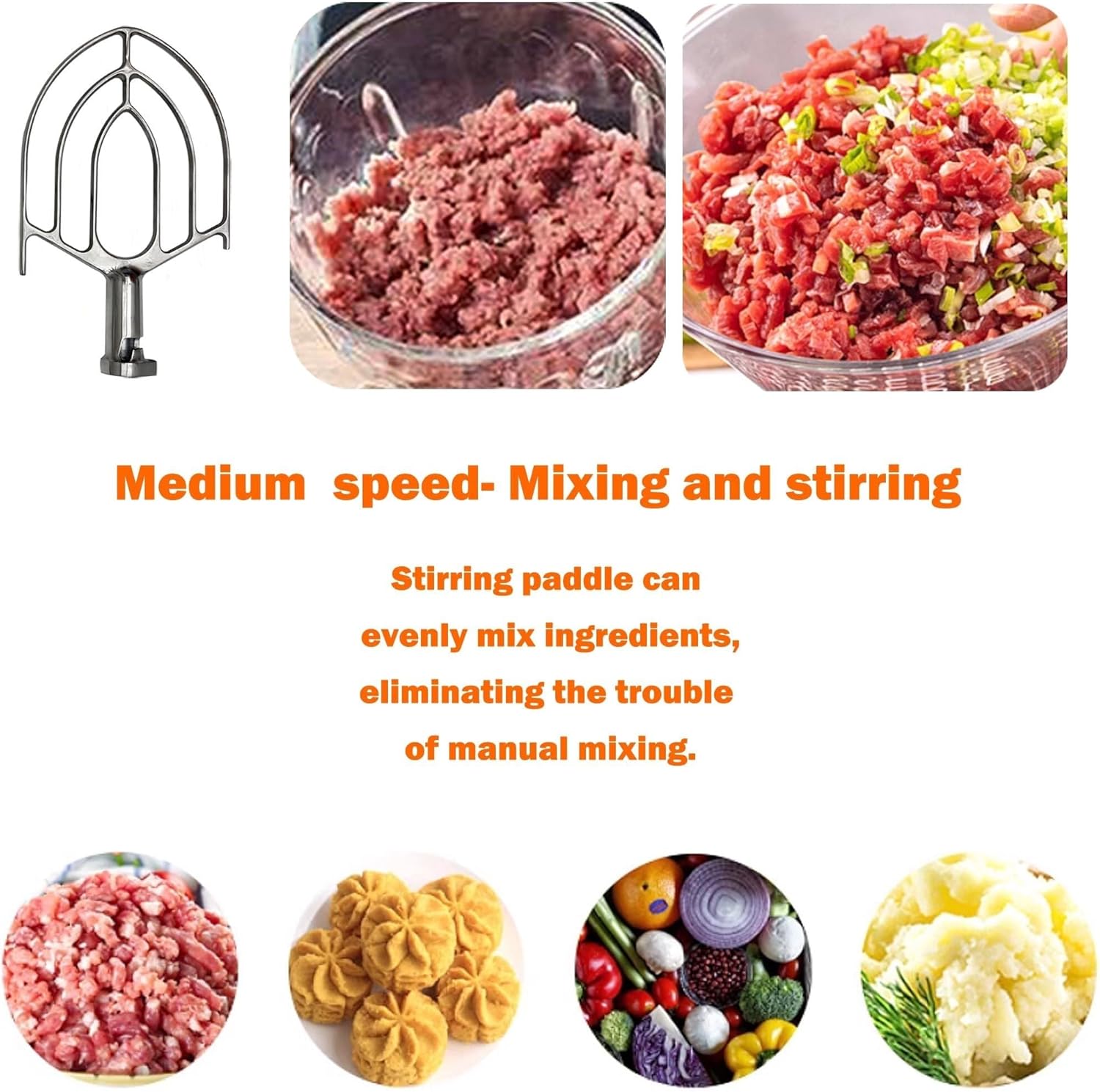 Mixing paddle and examples of mixed ingredients.