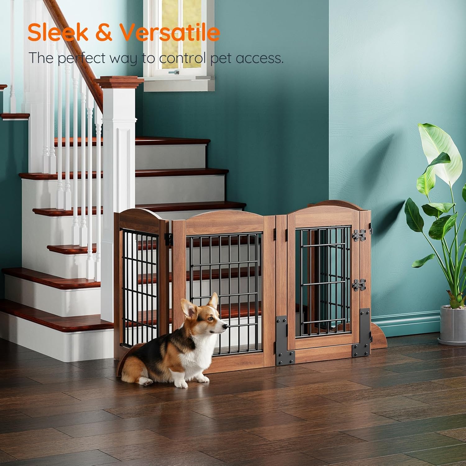 HOOBRO Dog Gate with Door Walk Through, 24.8'' Tall Freestanding Pet Gate with 2 Support Feet, Foldable Dog Fence Indoor, 360° Rotating Hinges, for Doorways, Stairs, Walnut BH85PP03