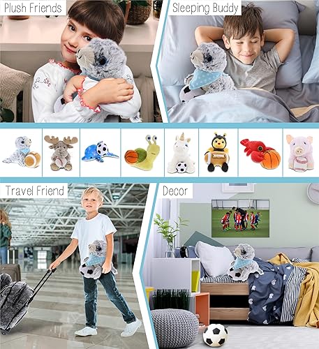 Miniatura 4 de DolliBu Animal de peluche de león marino con pelota de fútbol, lindo león marino suave y abrazable, adorable juguete de peluche para jugar, lindo