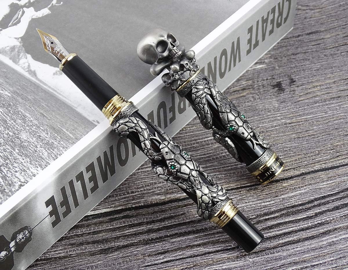 Jinhao Black Skull Head Fountain Pen, Snake Barrel Solid Metal Writing Pen Fine Nib