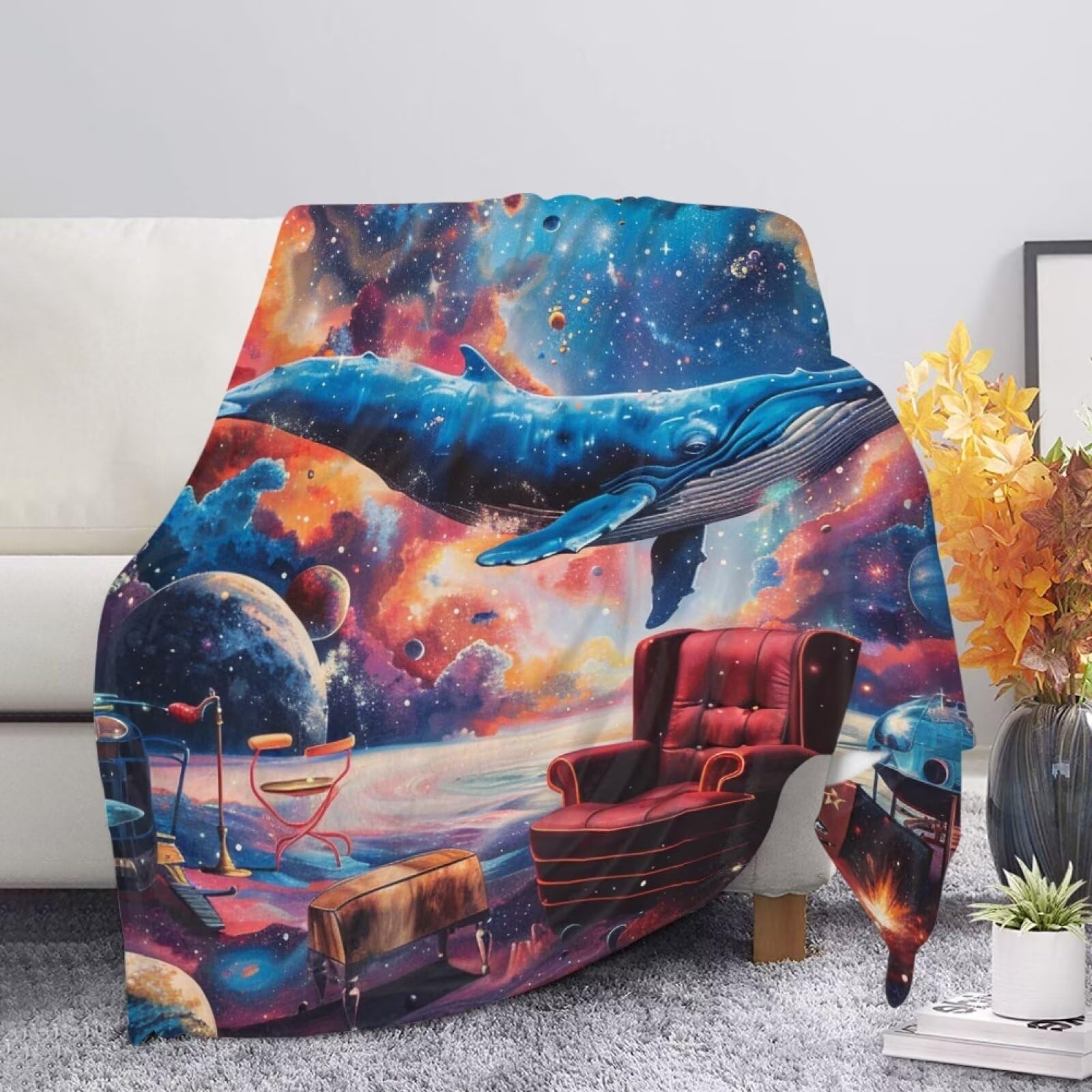 Allcute Galaxy Planet Whale Blanket Print Sofa Throws for Winter Fall Throw Blanket Blue Lightweight Warm Flannel Fluffy Blankets for Couch Bed Living Room Decor — image 1