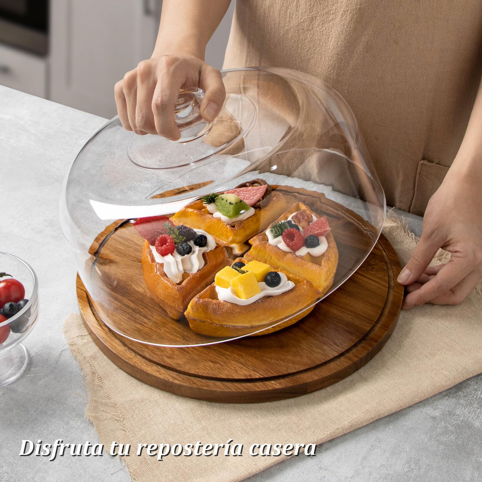 ANBOXIT Soporte Para Tartas con Tapa, Porta Tartas Madera de Acacia con Acrilico Cupula, Pedestal Soporte de Tarta con Tapa, Expositor Tartas (Plano)
