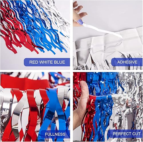 Miniatura 3 de LOLStar Decoraciones del 4 de julio, paquete de 2 faldas de mesa con flecos metálicos ondulados rojos, blancos y azules para mesas rectangulares y