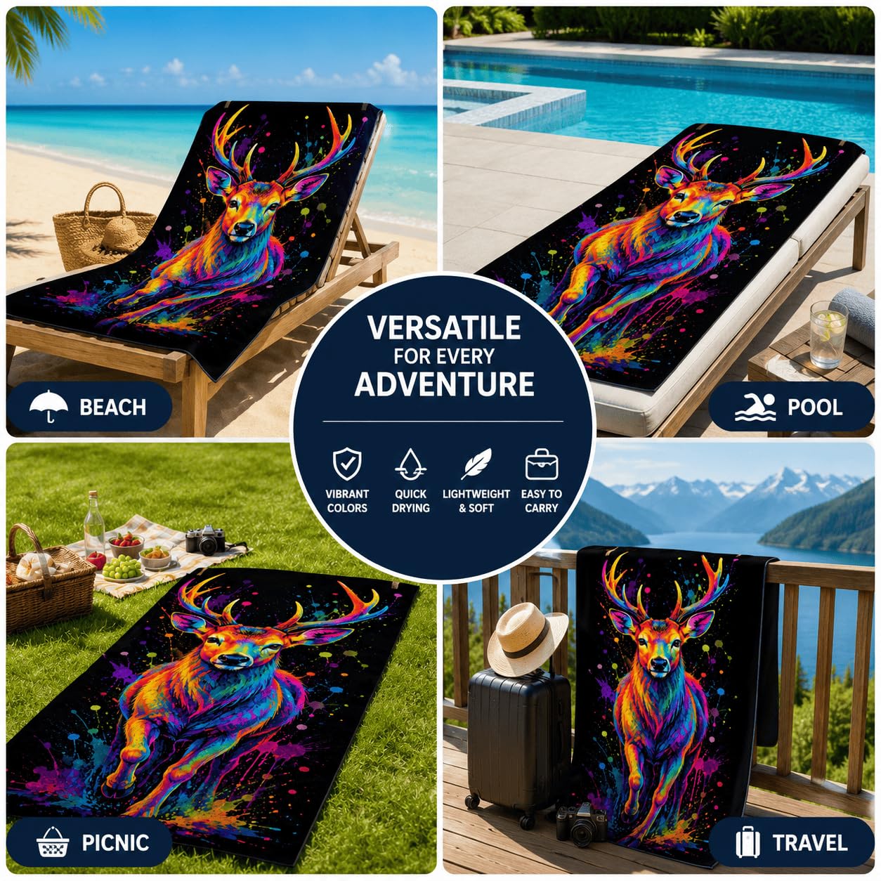 Telo Mare Microfibra Cervo Colorato Asciugatura Rapida | Asciugamano da Spiaggia Cervo Astratto, 145x200 cm, Assorbente, Accessori Mare, per Palestra Viaggio
