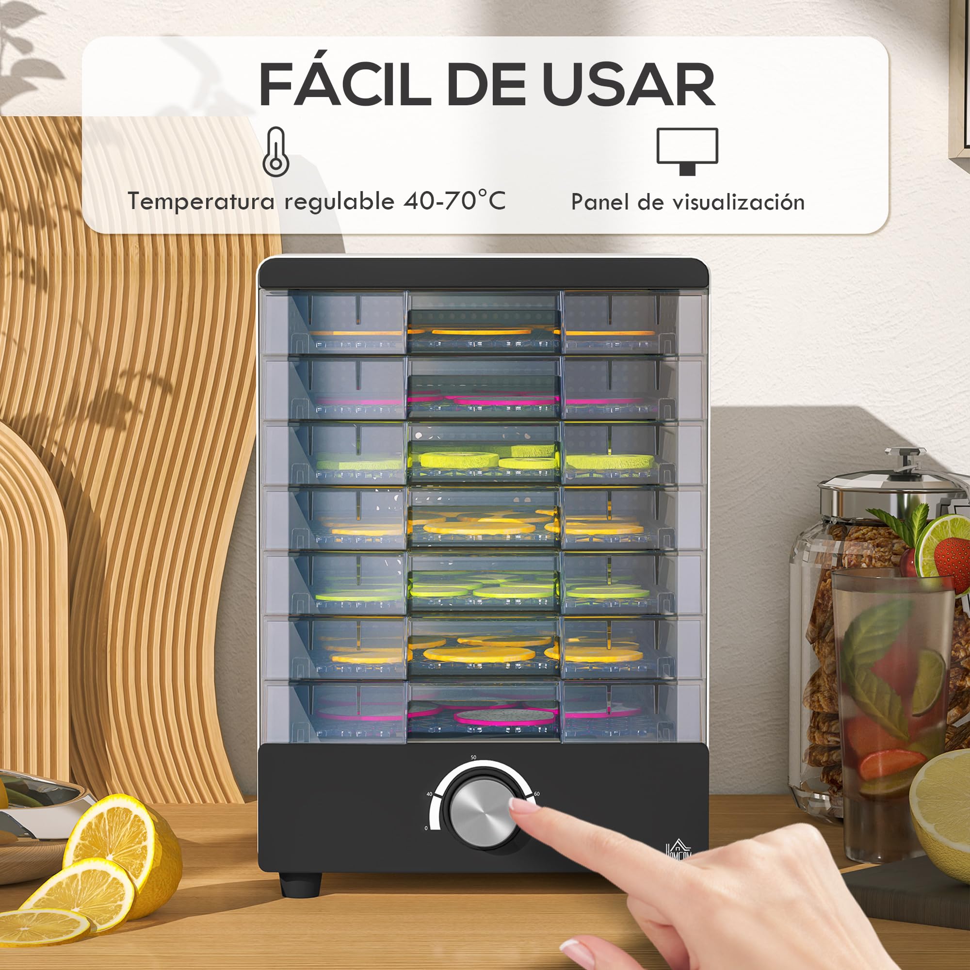 HOMCOM Deshidratador de Alimentos 350W con 7 Bandejas Temperatura Regulable 40-70 ℃ Deshidratadora para Frutas Verduras y Golosinas para Mascotas Blanco