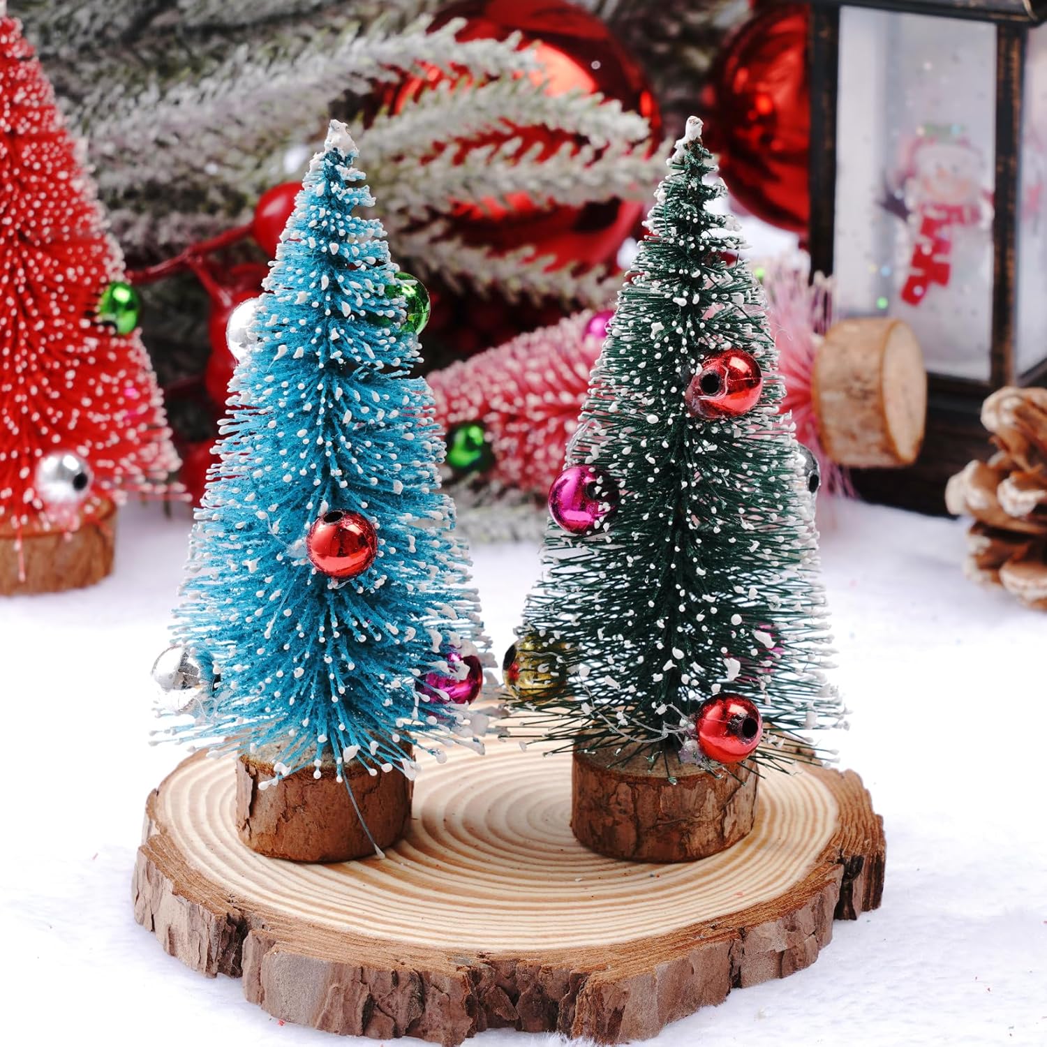 Yookat 12Pcs Mini Christmas Trees Bottle Brush Trees Small Sisal Trees Mini Pine Trees with Wood Base Small Bottle Brush Trees for Christmas Winter Decoration (Multicolor) - Image 6