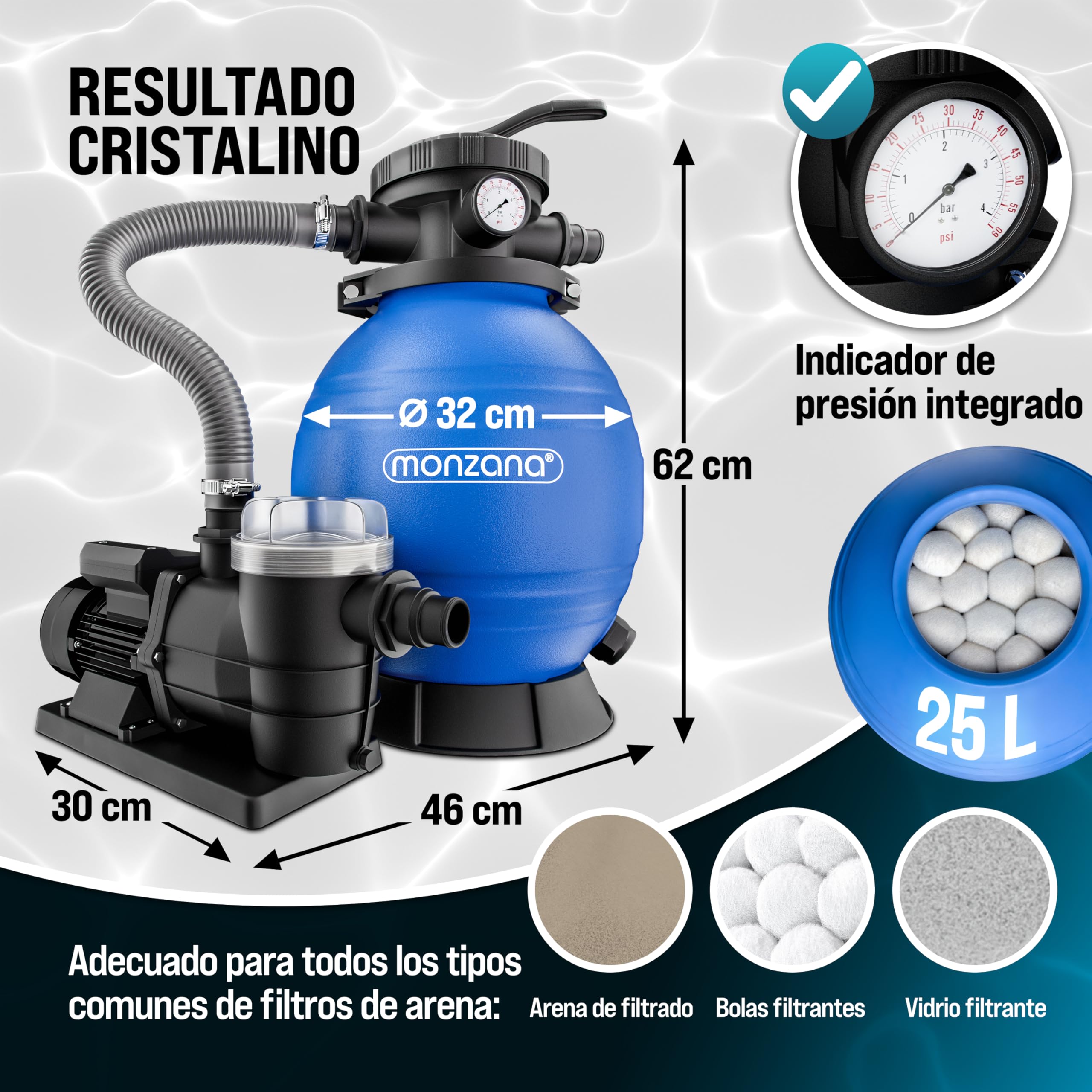 MONZANA Depuradora Piscina 9.600L/h | Filtro Arena 30.000L, Vidrio Filtrante, Valvula 7 Funciones Filtrado, 400W, Bomba, Indicador Presión, Adaptador Ø32-38mm