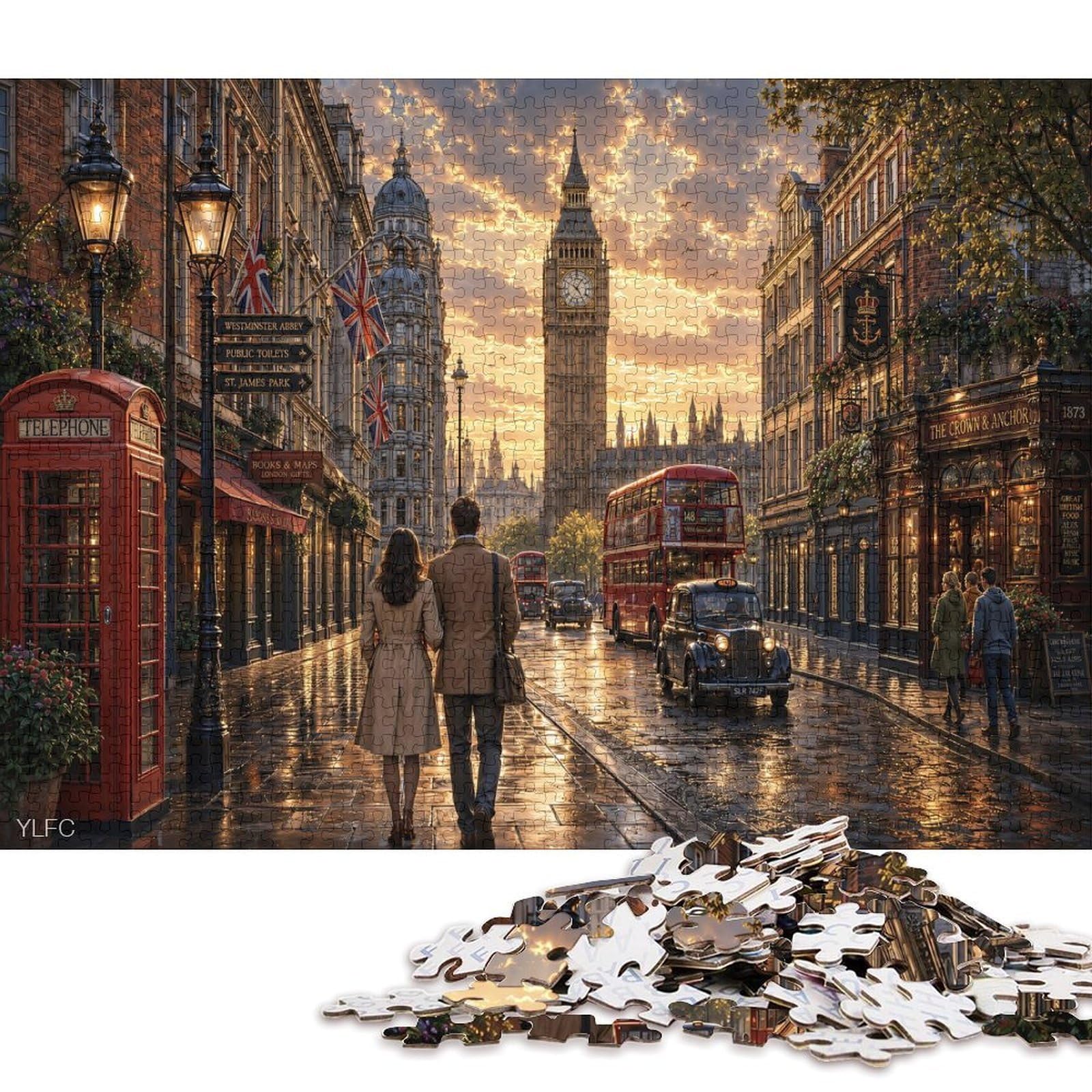 London Big Ben Street View 1000 Piece Wooden Jigsaw Puzzle,Wood,Gift Idea,Stress Relief,Impossible Challenge,Educational Toy,Home Wall Decor,Adults & Kids 14+ (75x50cm)