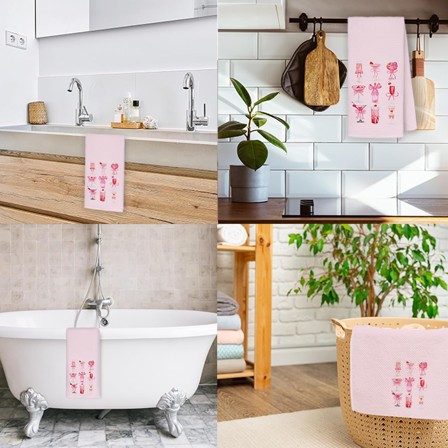 Pink Coquette Bow Cocktail Champagne Kitchen Towel, Gifts for Cocktail Lovers Hand Bar Towels for Kitchen, Pink Aesthetic Drinks Decorative Dish Towels Drying Cloth, 16x24 Inch - Image 3