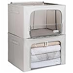 Rigid Foldable Clothes Storage 4CONVY - Storage Bag for Duvets/Cushions/Clothes/Bedding with Metal Frame and 2 Windows - Stackable - Things Not Crumpled - Pack of 2