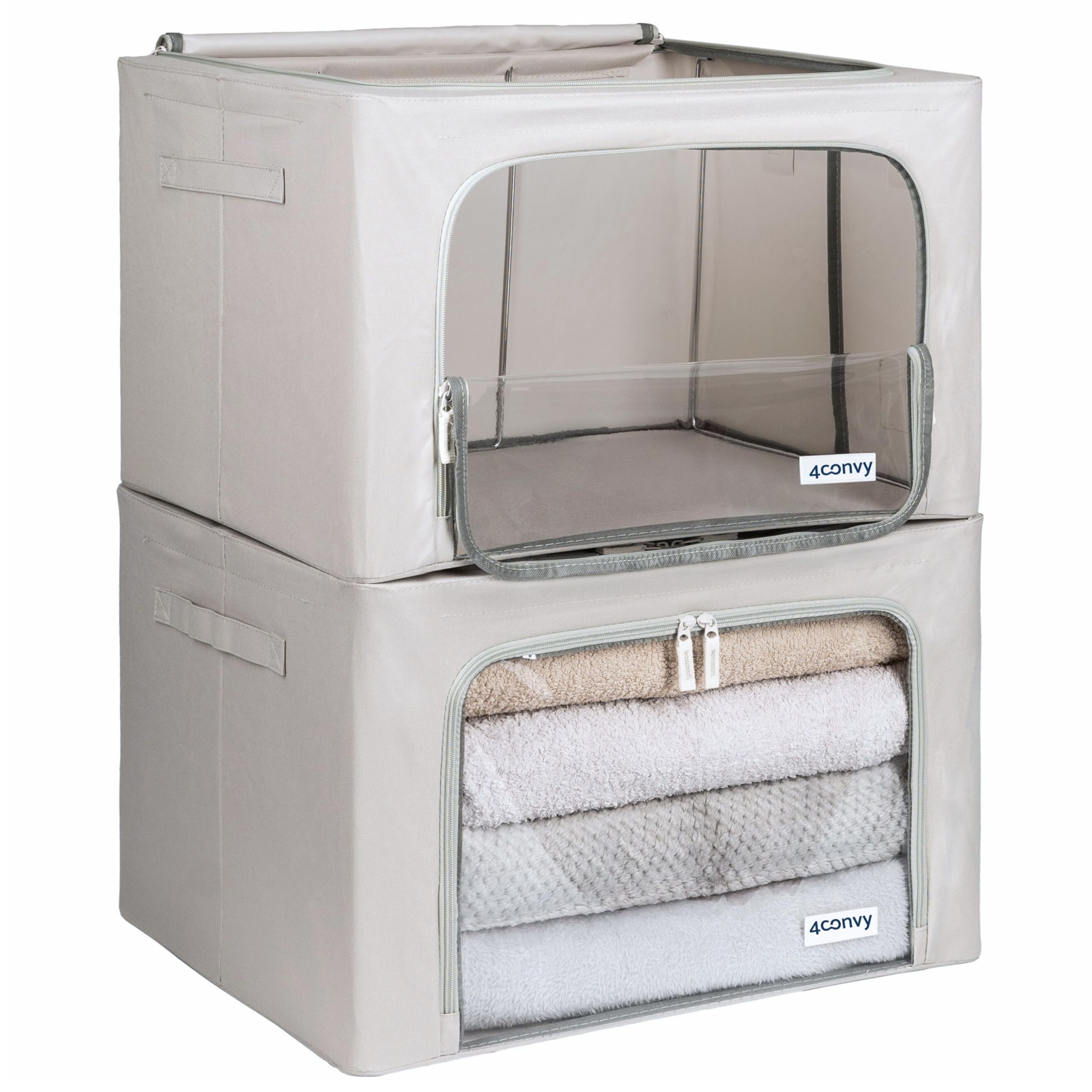 4CONVY Foldable Clothes Storage Boxes with Steel Frame - Stackable Storage Bags with Zipper - Collapsible Wardrobe Organiser for Clothes, Bedding with Clear Window & Durable Handles - 2x66L