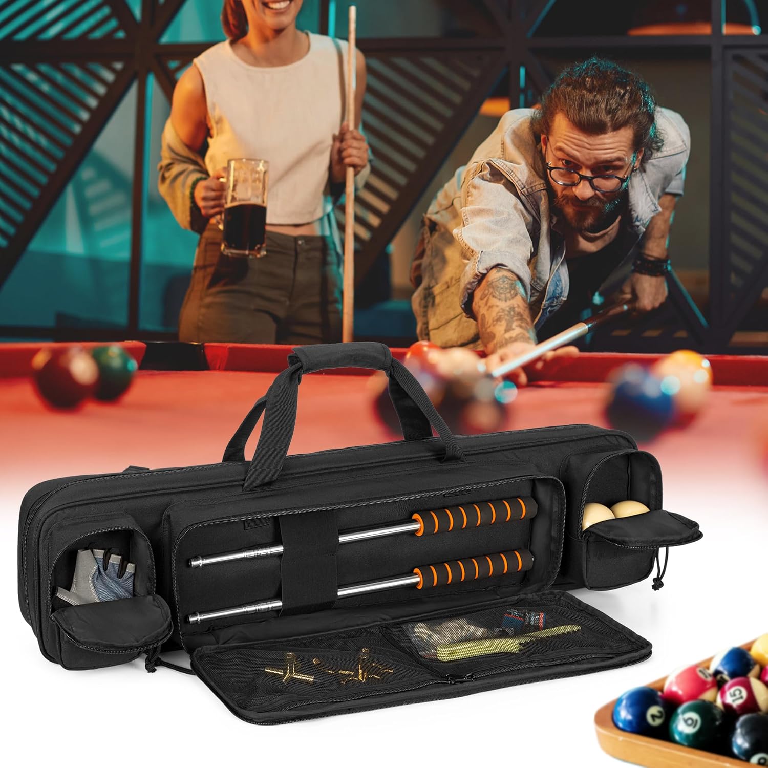 4x4 Cue Case Holds 4 Butts and 4 Shafts, Backpack with Concealable Straps, Billiard Cue Stick Carrying Case with Accessory Pockets