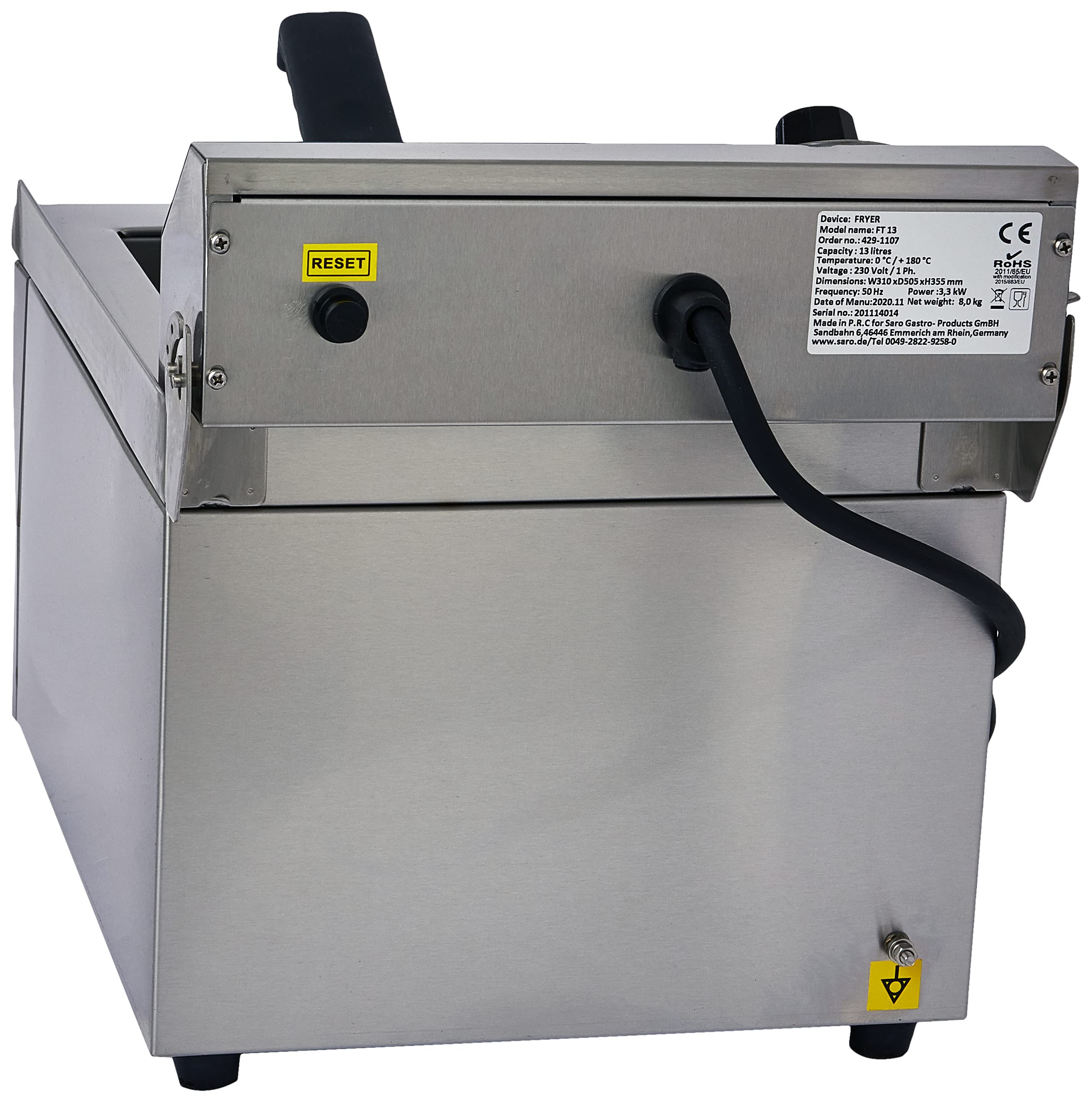SARO FT 13 - Friggitrice da 13 l, con rubinetto di scarico, vasca arrotondata con zona fredda, regolazione della temperatura da 0 a 180 °C, elemento riscaldante estraibile, da 3,3 kW