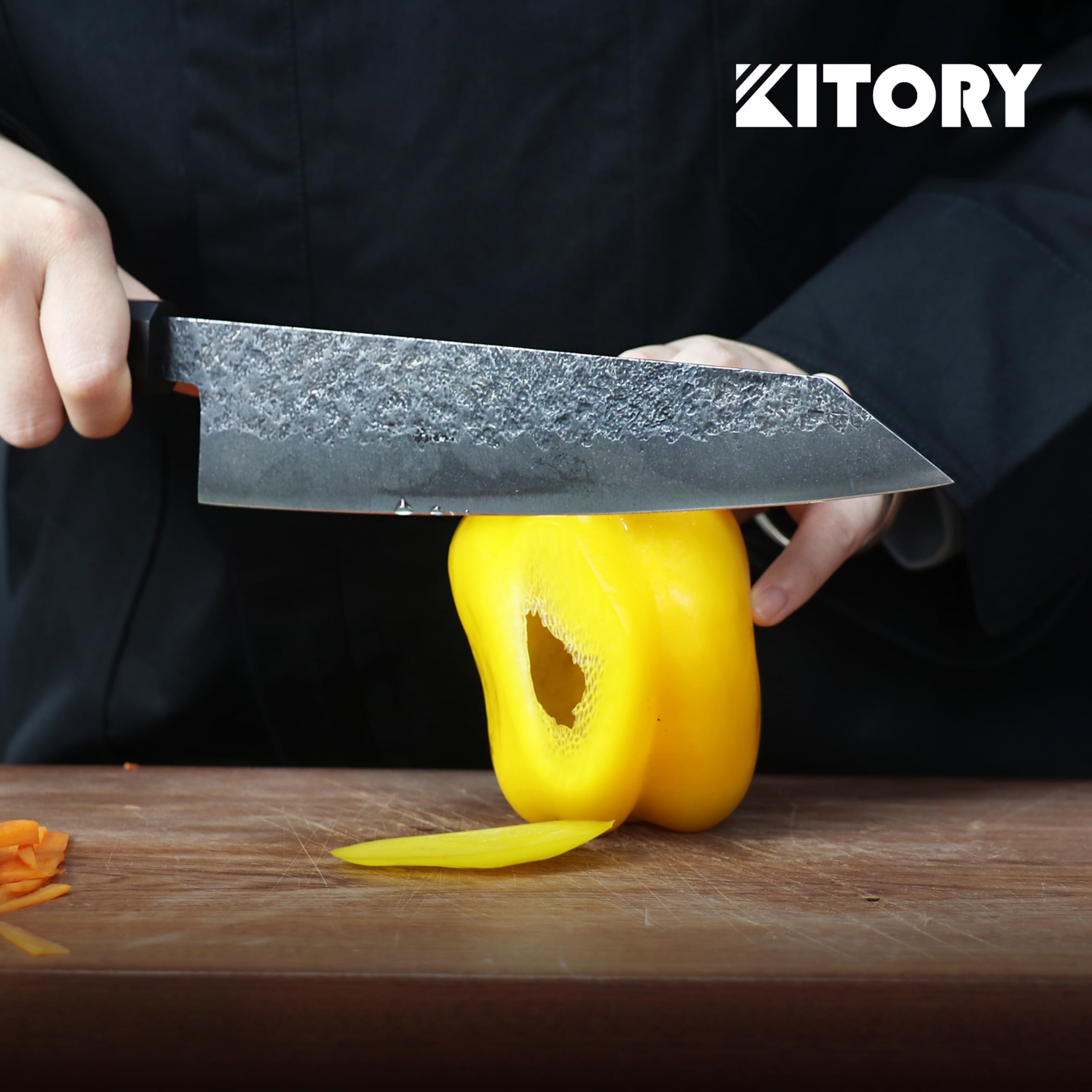 KITORY Japoński Nóż Kiritsuke 20 cm | Profesjonalny nóż kuchenny, Superostrzeostrze, Elegancka rączka z czarnego drewna, Czerwony gumowy kwadrat
