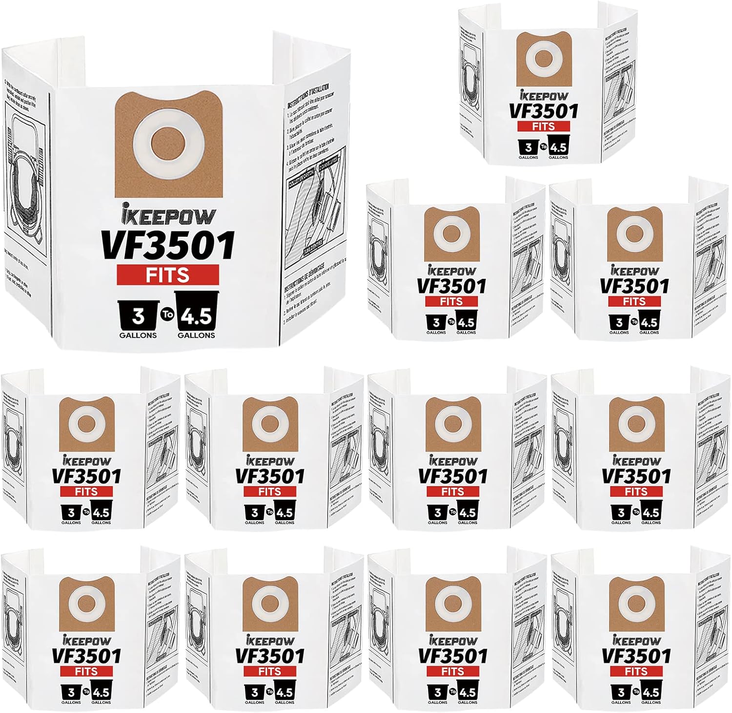 VF3501 Shop Vac Bags Compatible with Ridgid Vacuum 3 to 4.5 Gallon Dust Bags/Workshop Dry Vac Replacement Fiter Bags, Part # VF3501 / WS32045F9 (12 Pack)
