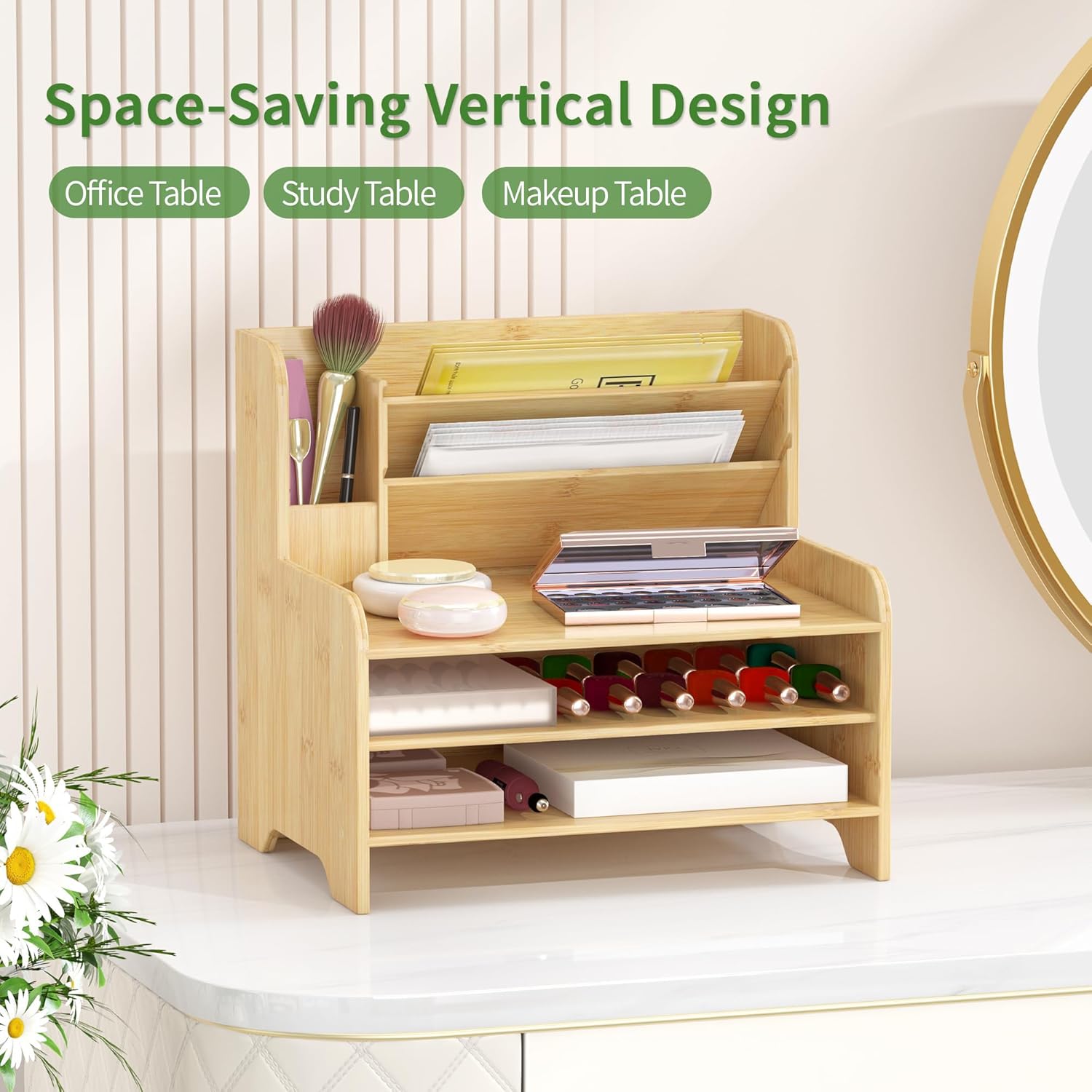 Desk File Organizer - 6-Tier Desktop Mail Letter Tray Paper Document Organizer with Pen Holder for Home Office Supplies, Office Desk Accessories & Workspace (Nature)