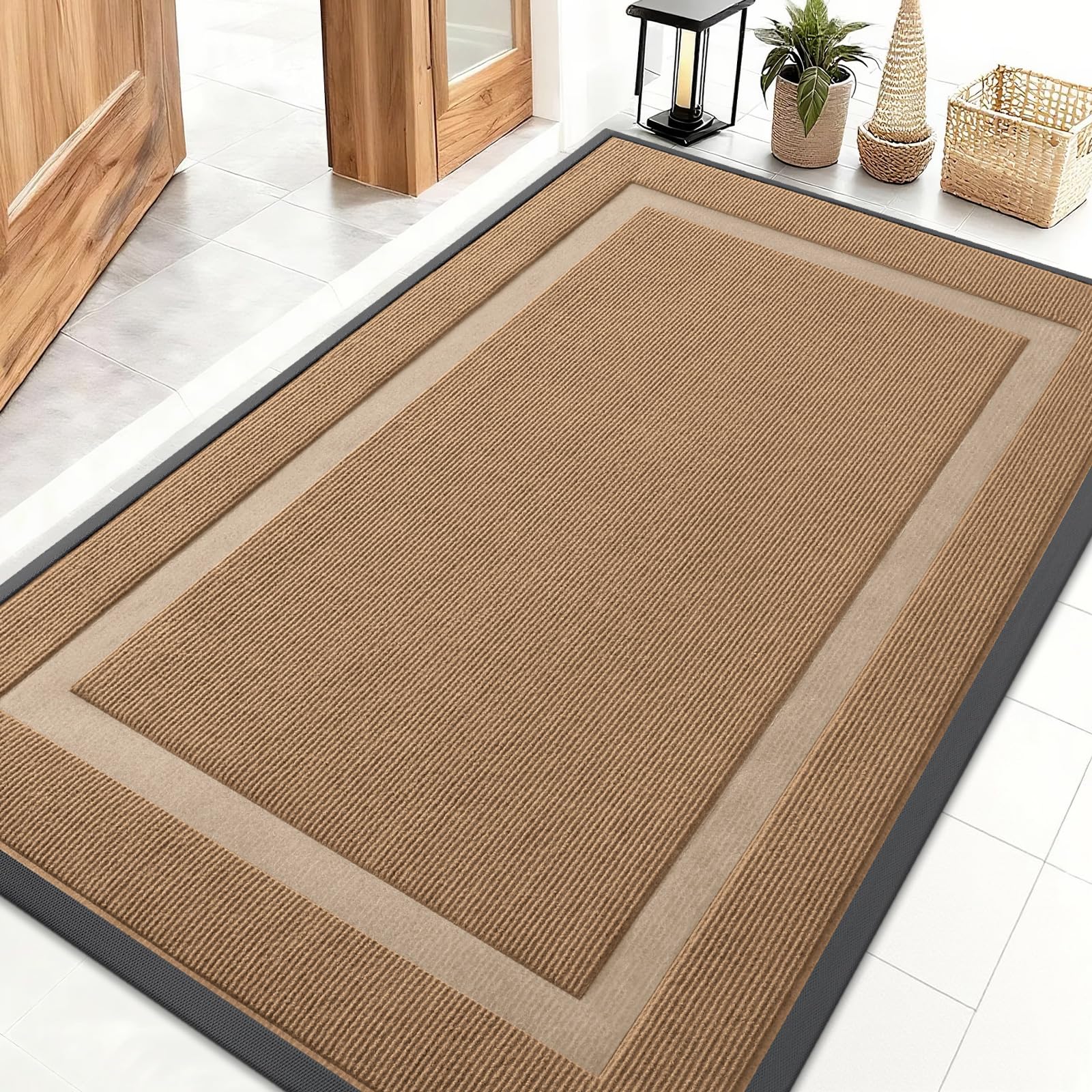 OLANLY Front Door Mat Indoor Outdoor Entrance, Waterproof All-Season, All-Weather Doormat, Sturdy Natural Rubber, Fade Resistant, Low Profile, Easy Clean Patio Porch Entryway Mat, 47x32, Light Brown