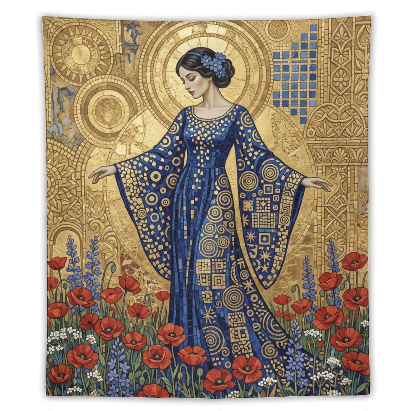 W7C8U2X3 Poppy Golden Mosaic Woman Wall Tapestry, Mosaic, Blue Robe