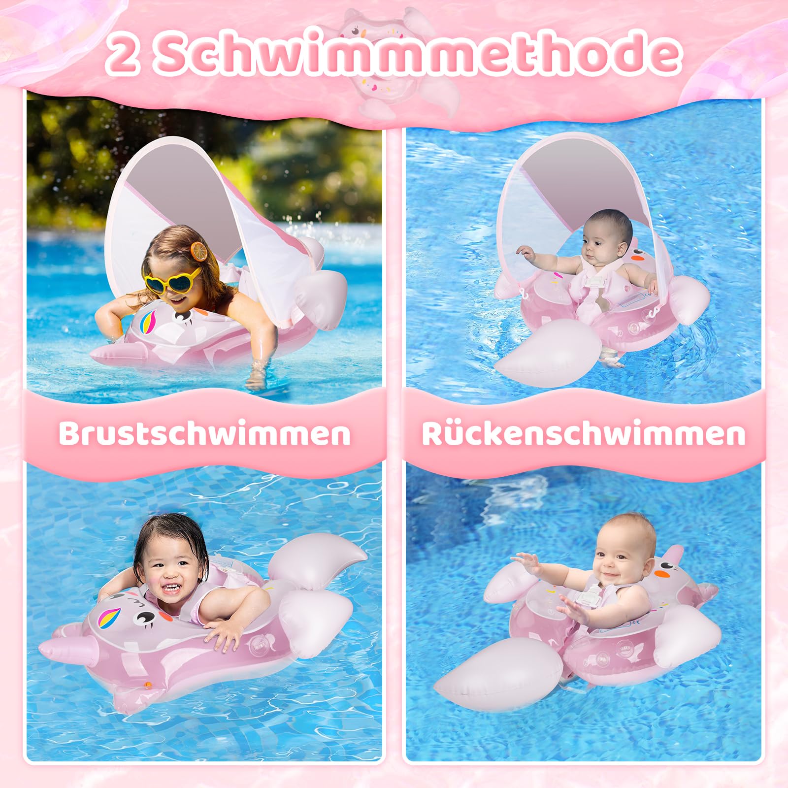 Bouée de natation pour bébé avec auvent solaire UPF50+, flotteur pour bébé Parner, aide à la natation pour enfants de 3 à 36 mois