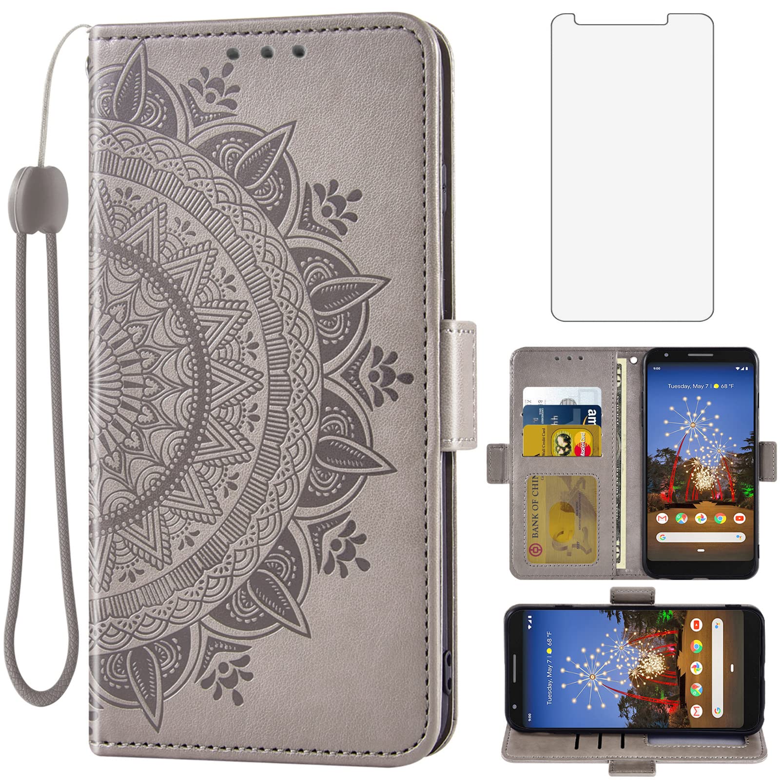 Asuwish Compatible with Google Pixel 3a XL Wallet Case Tempered Glass Screen Protector Credit Card Holder Flip Wrist Strap Stand Cell Phone Cover for