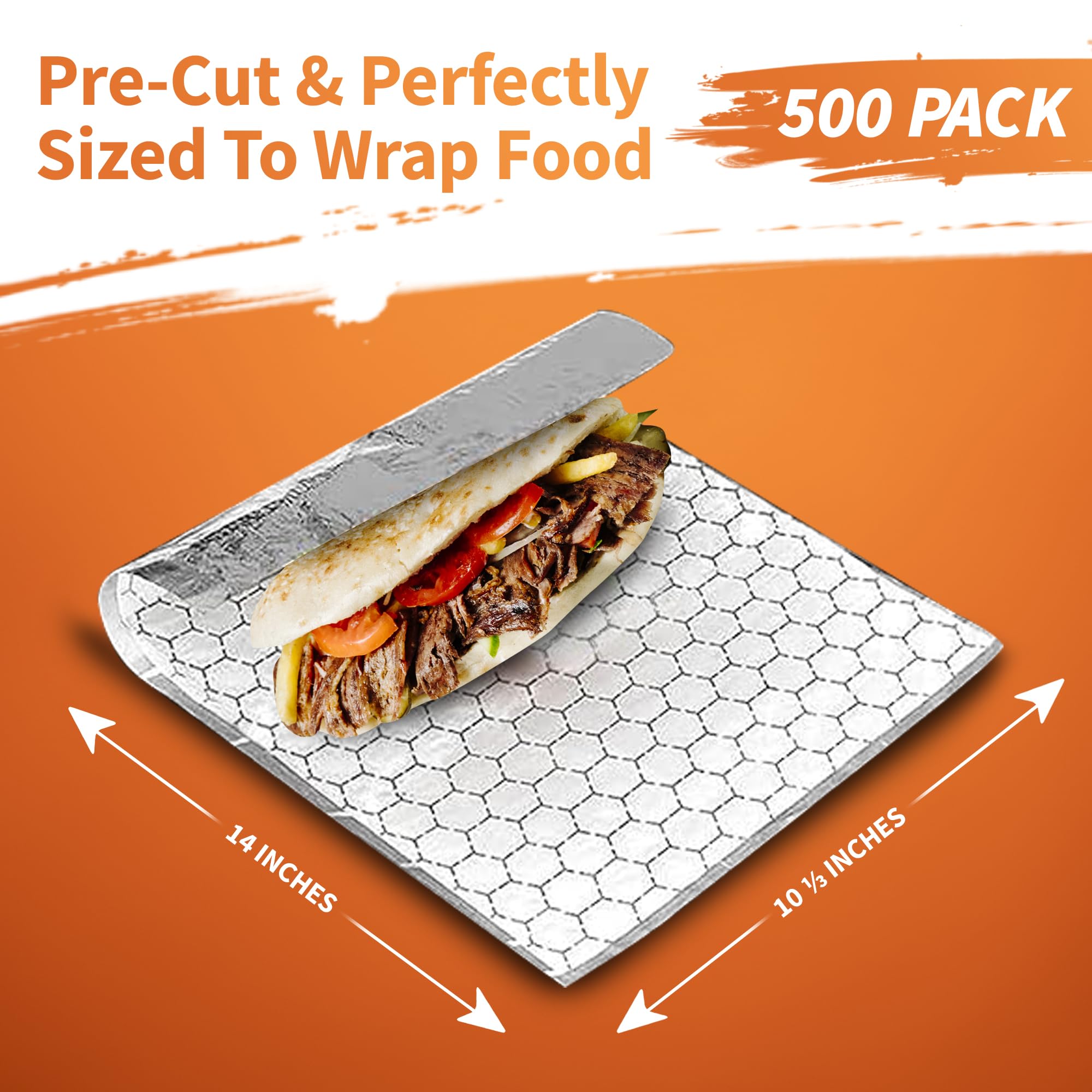 Paquete de 500 hojas de papel de aluminio para sándwich, 10 3/4 x 14 pulgadas, resistentes a la grasa, precortadas, para restaurantes, delicatessen, catering, camiones de comida