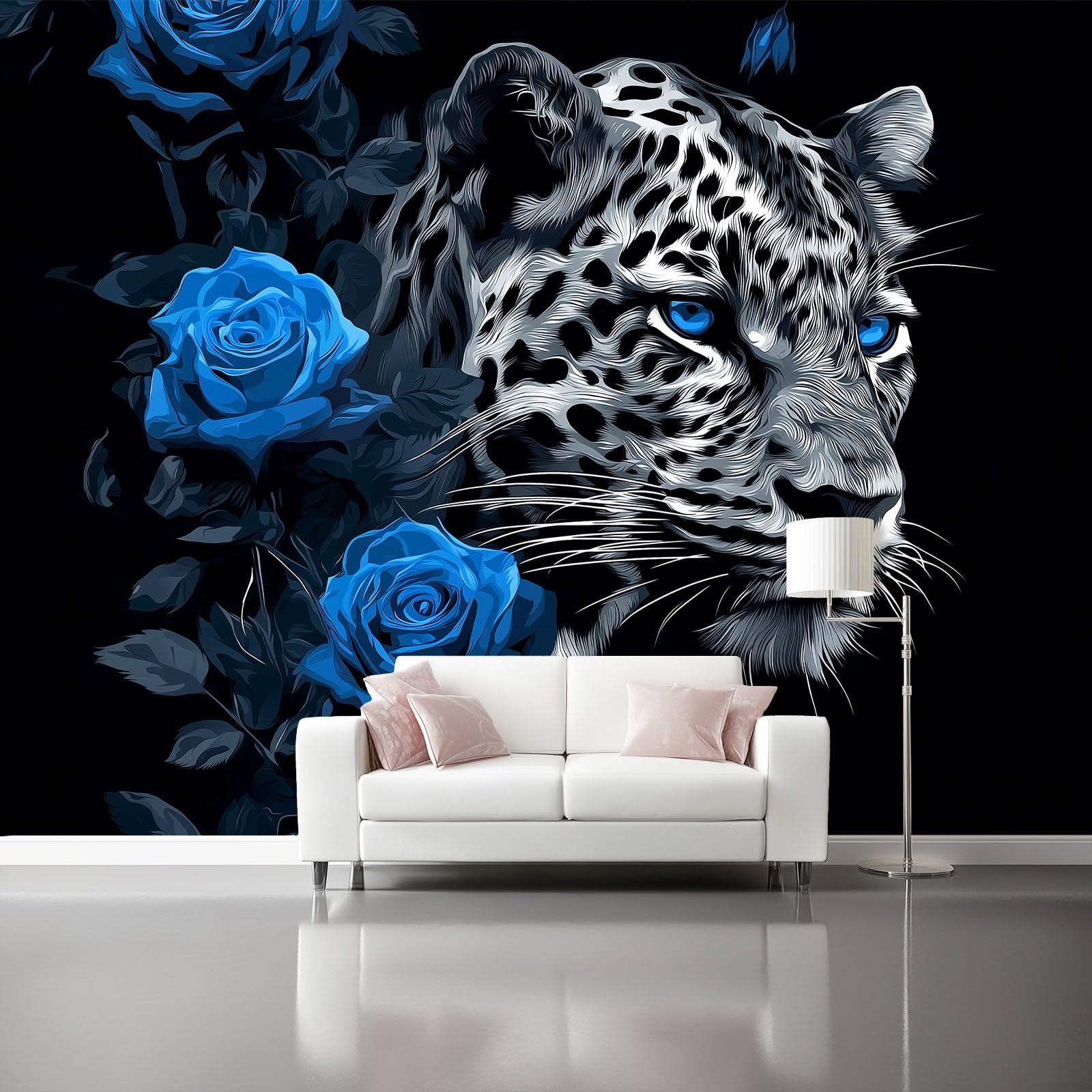Zdjęcie ścienne 250 x 175 cm, niebieski różowy lampart, dekoracja z włókniny, do pokoju chłopięcego i biura, czarne