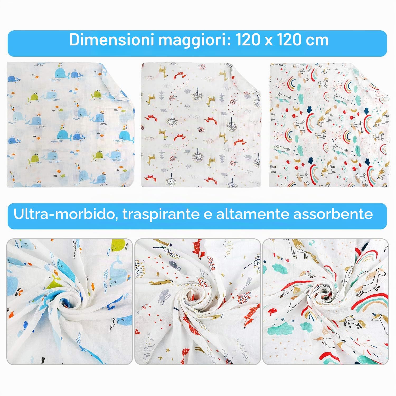 Ballery Copertine in Mussola, Mussole Neonato Copertine in Cotone Bambù, Baby Swaddle Coperta, Regalo Perfetto per il Bambino, 120x120cm, Pacco da 3