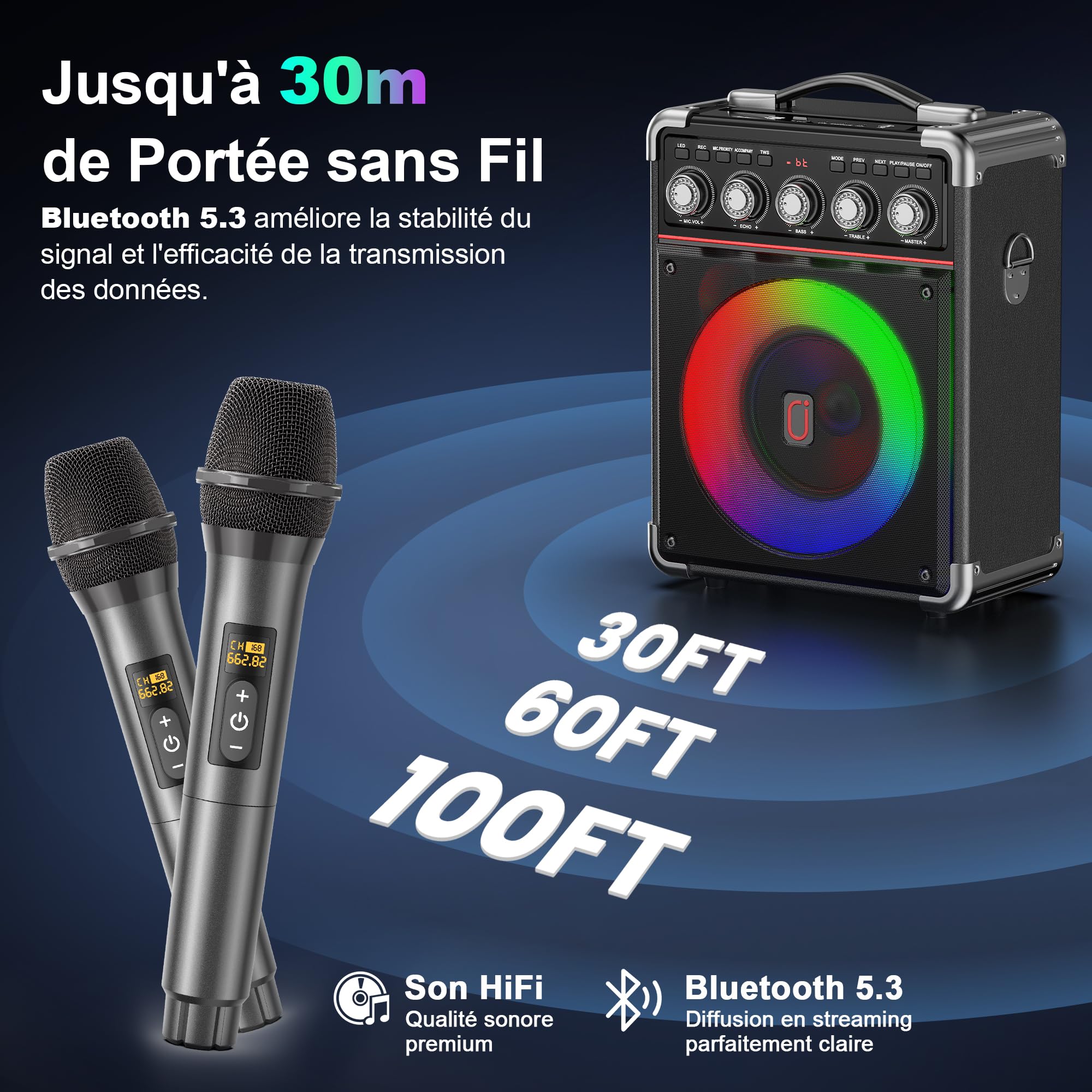 JYX Enceinte Karaoke 2 Micro sans Fil, 100W Puissance Karaoké Professionnel, Autonomie 24h, Processeur DSP Bicœur Karaoke Adulte et Enfant, Réglage Basse/aigu, Compatible TF/USB/AUX/TWS