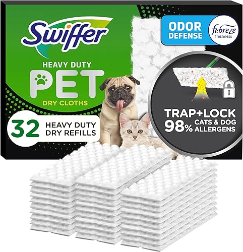 Swiffer Sweeper Pet - Repuestos de tela seca resistente con defensa contra olores Febreze 32 unidades